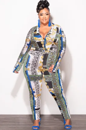 Travel Friendly Final Sale Plus Size 2pc (Bodysuit & Pants) Set in Blue Gold Print