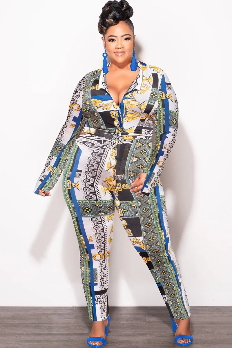 Travel Friendly Final Sale Plus Size 2pc (Bodysuit & Pants) Set in Blue Gold Print