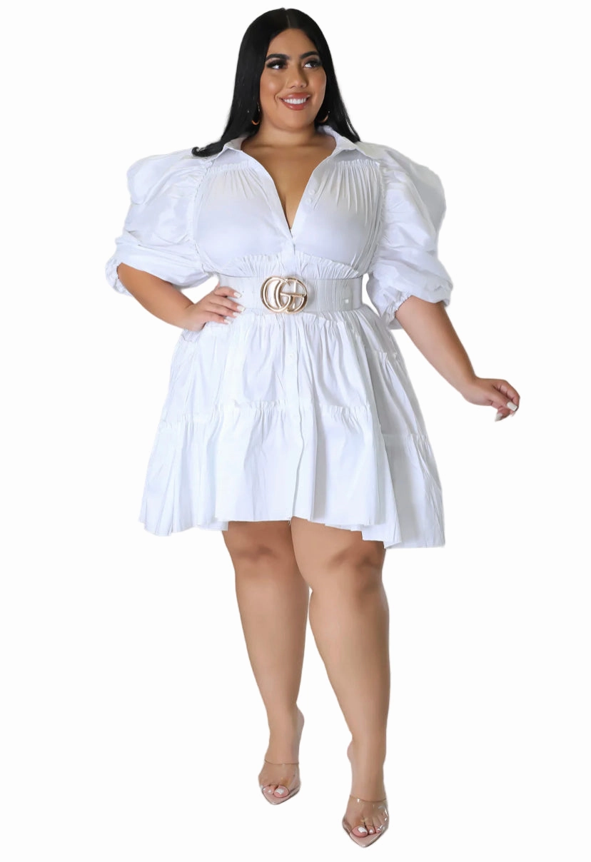 Final Sale Plus Size Puffy Sleeve 3-Tiered Button Up Collar Baby Doll Dress in White StretchFabric Timeless Design