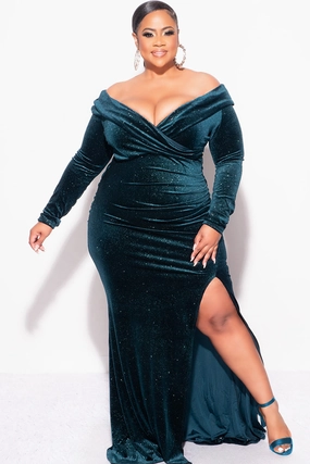 Final Sale Plus Size Glitter Off the Shoulder Velvet Gown with Slide Slit in Hunter Green FullCut Shoulder Formal Blouse