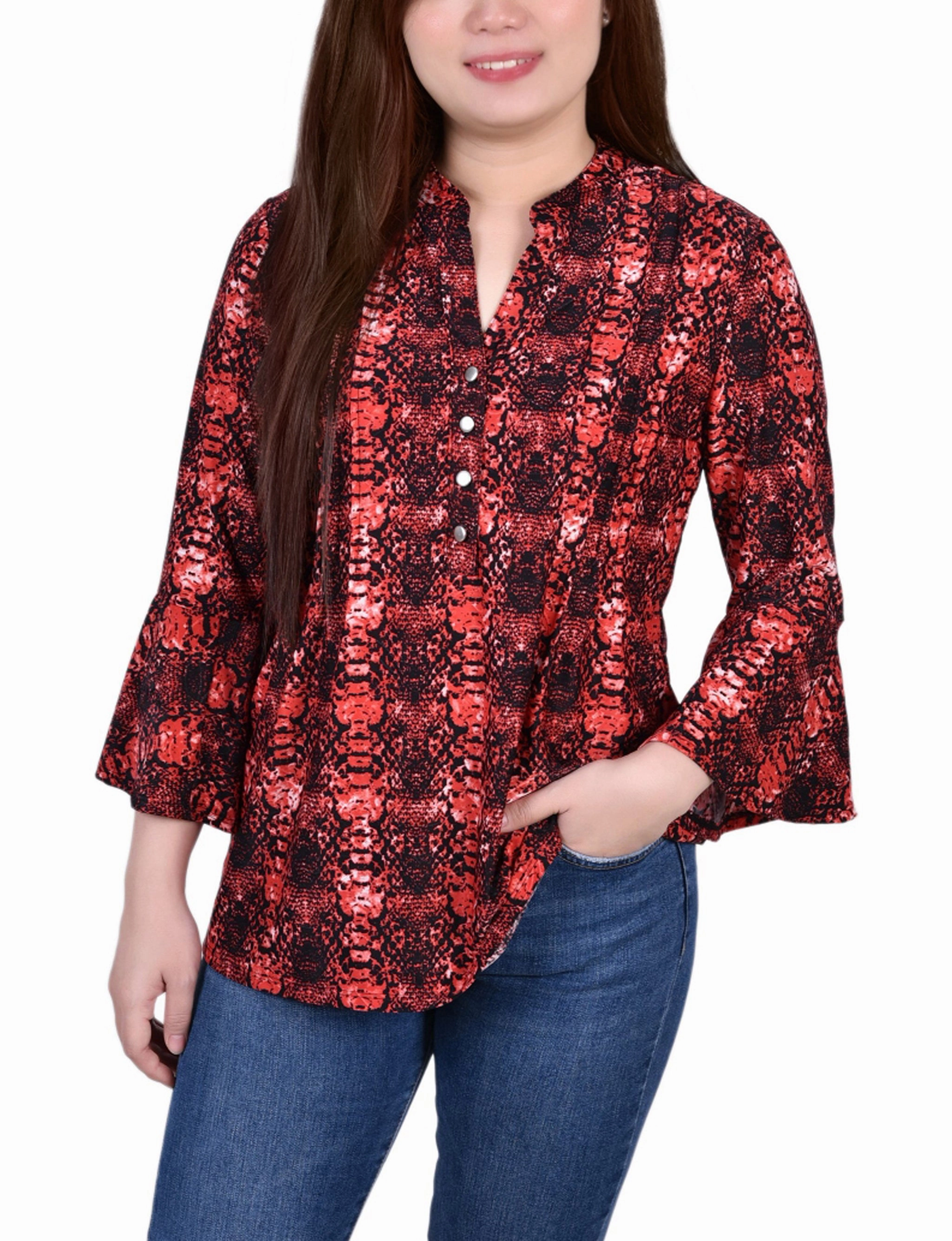 Petite 3/4 Bell Sleeve Pleat Front Y Neck Top Casual Fit