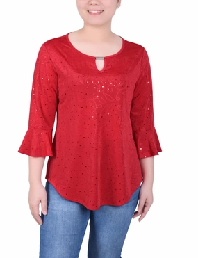 Petite 3/4 Bell Sleeve Top With Hardware VNeckReinforcement