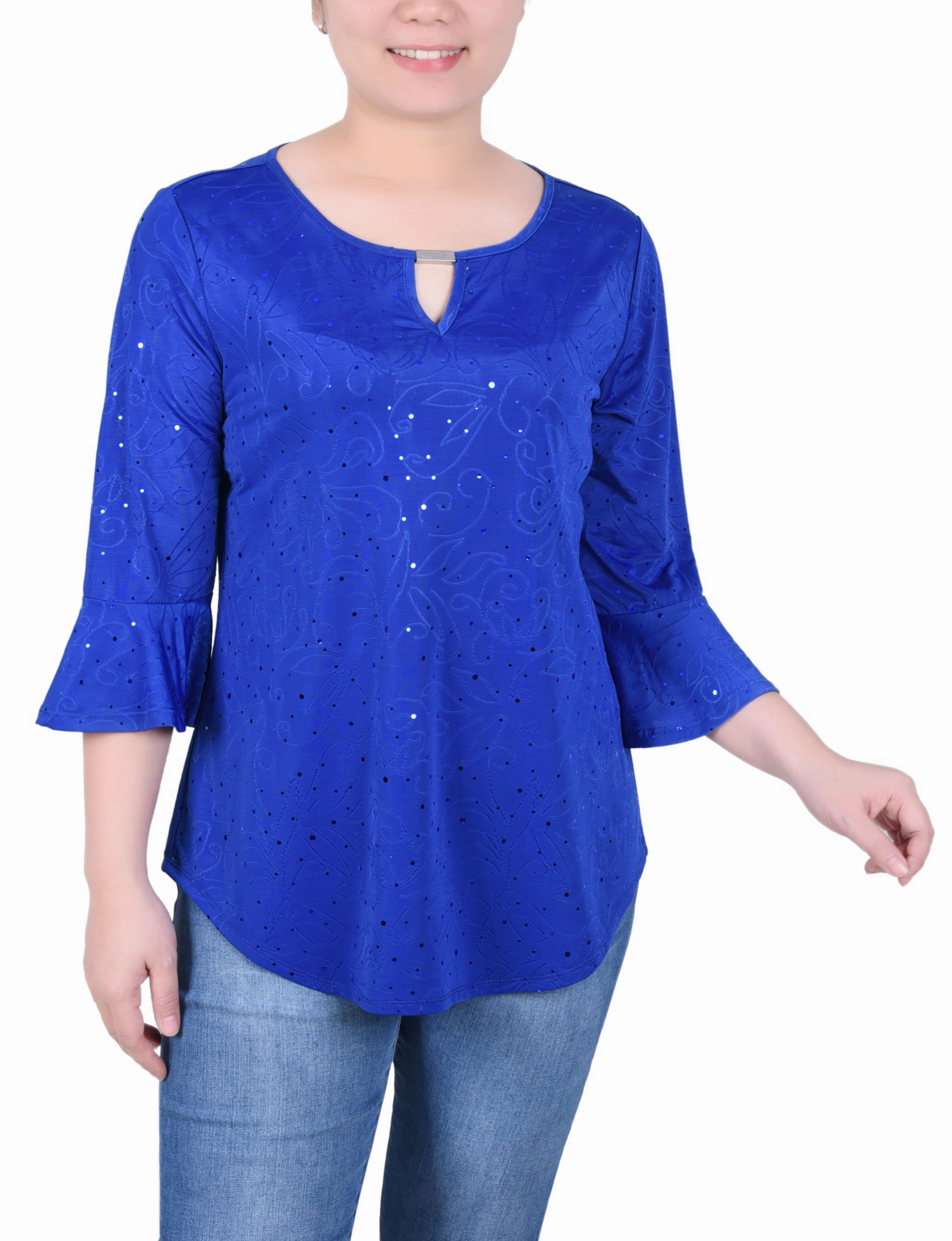 Petite 3/4 Bell Sleeve Top With Hardware MeshVentilation WrinkleFree Weave