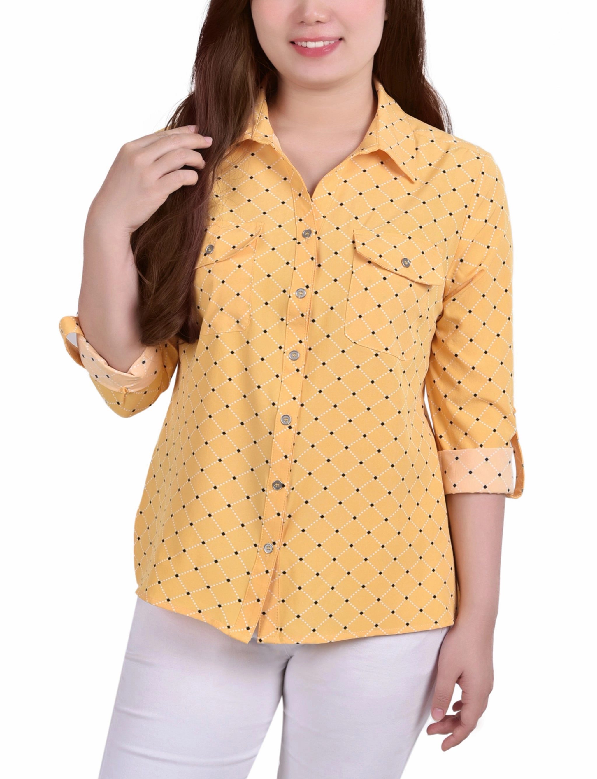 Petite 3/4 Roll Tab Blouse With Pockets OdorResistant Fabric