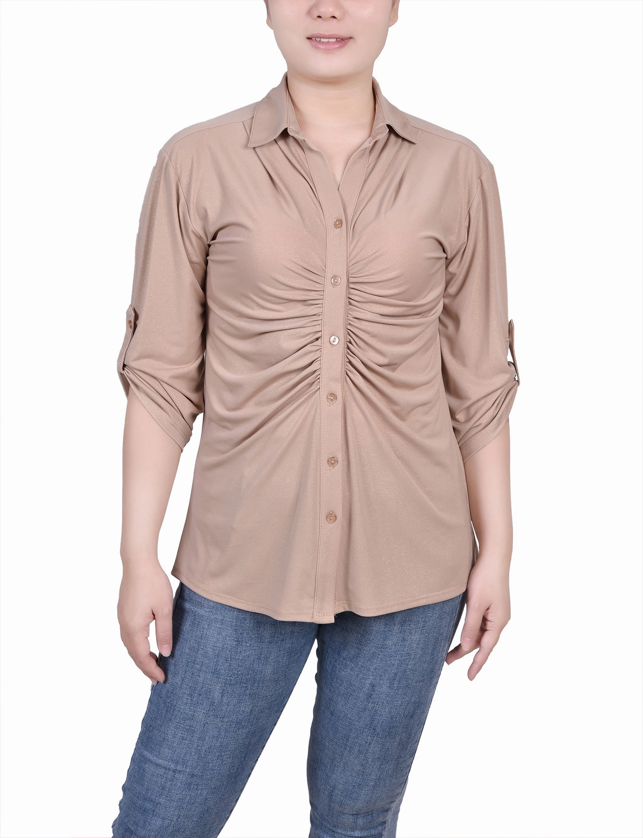 Petite 3/4 Roll Tab Rouched-Front Top High Thread Count Cotton