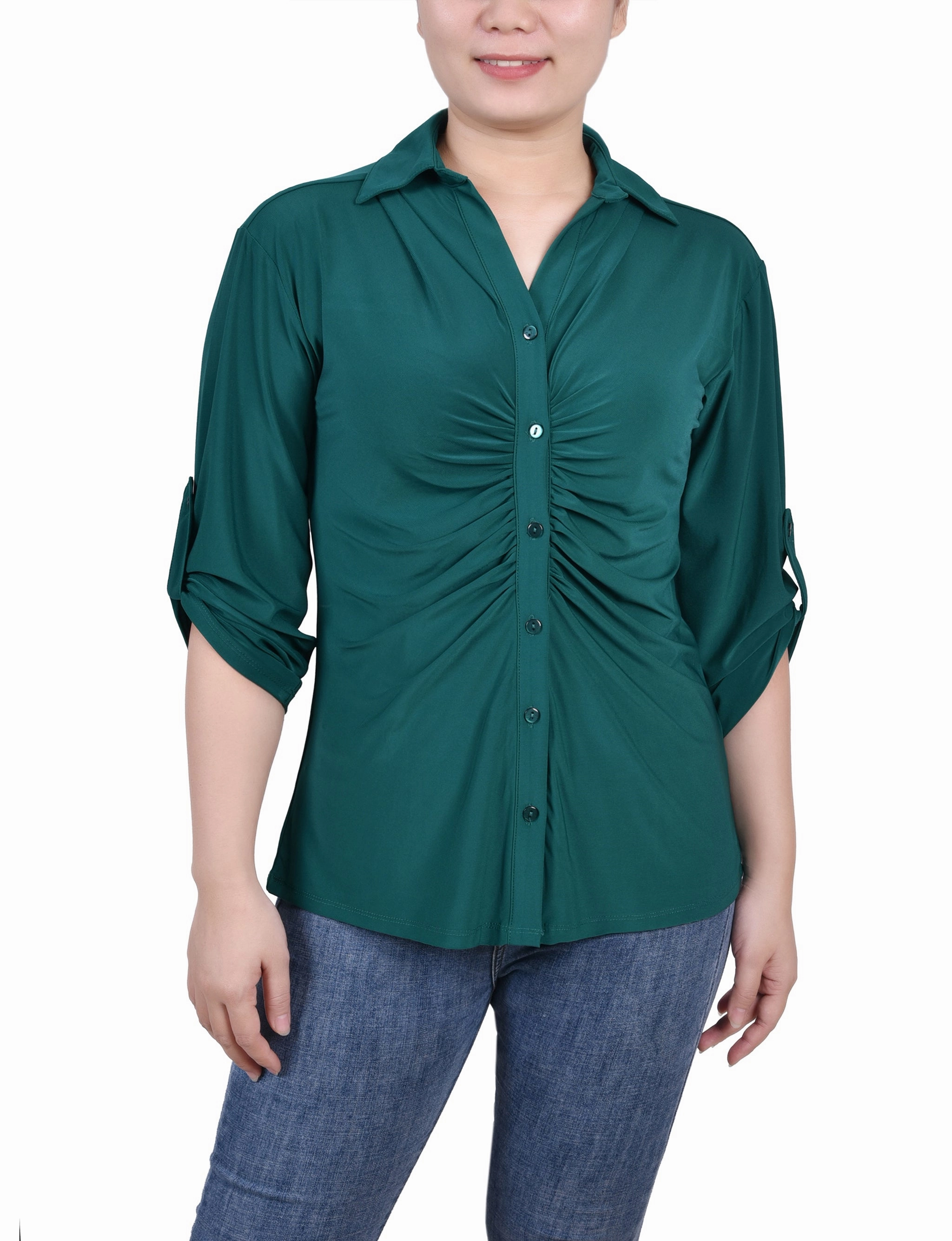 Petite 3/4 Roll Tab Rouched-Front Top Active Wear NaturalFiberBlend