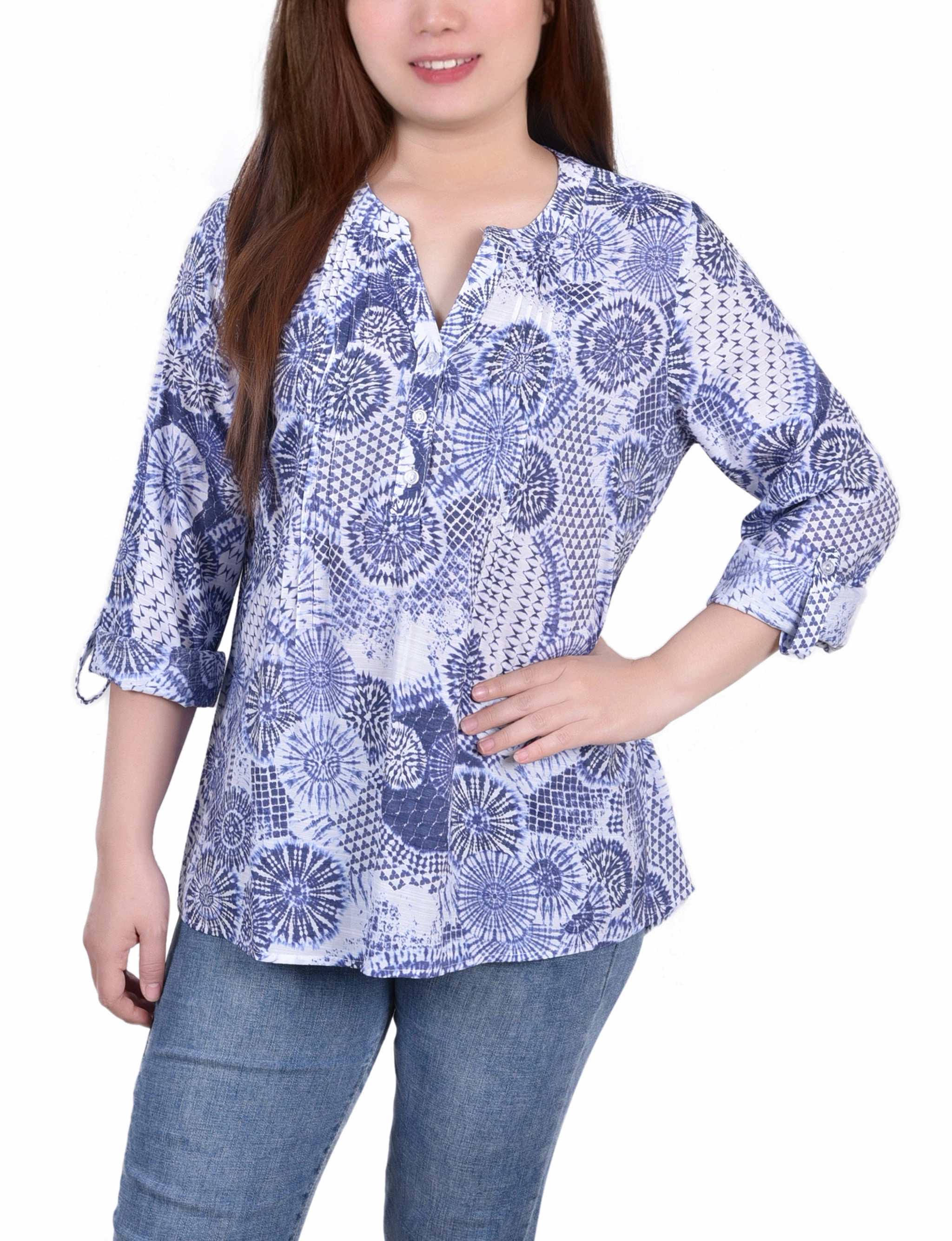 Petite 3/4 Roll Tab Sleeve Blouse Brushed Microfiber Surface