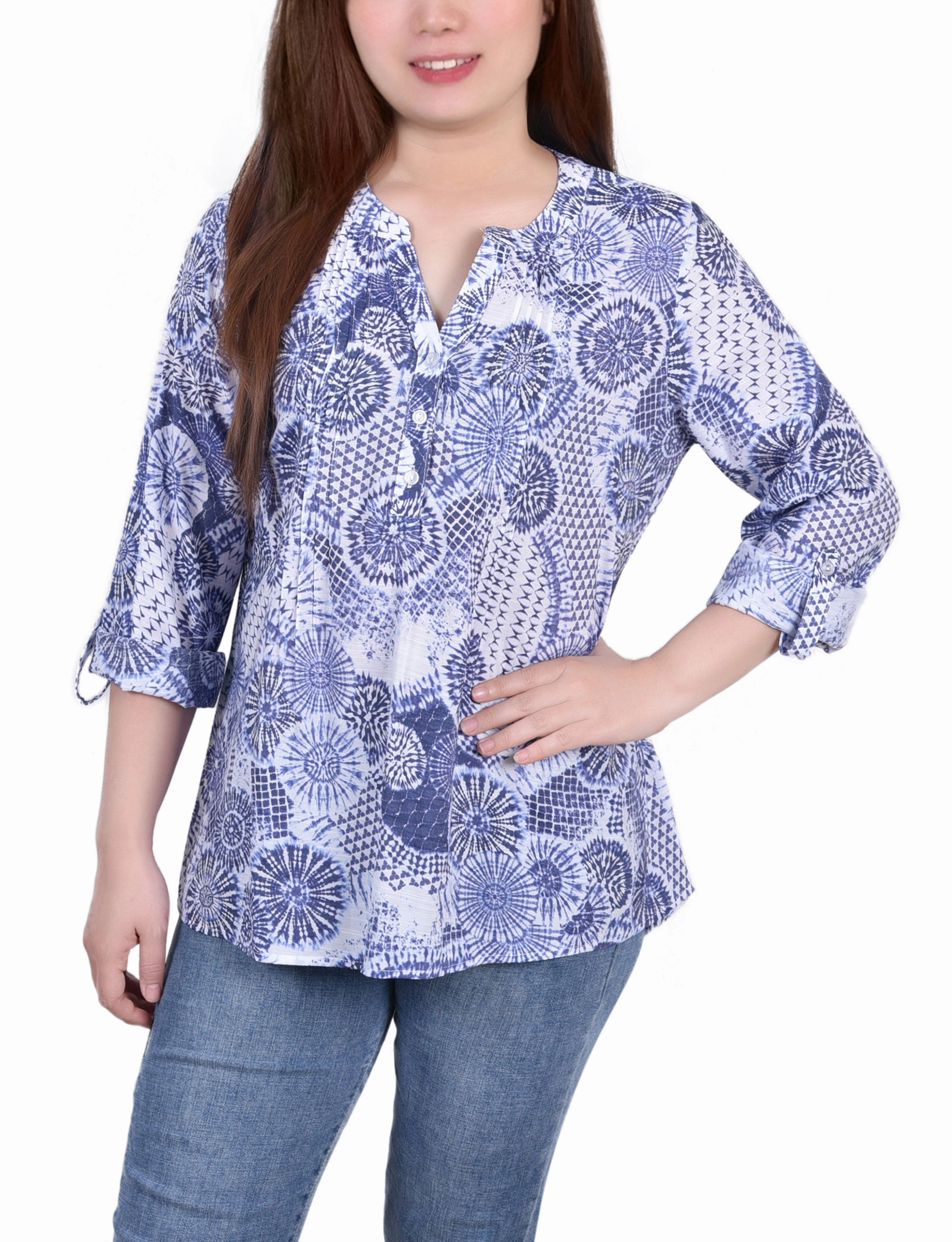 Soft Touch Blend SoftKnit Petite 3/4 Roll Tab Sleeve Blouse