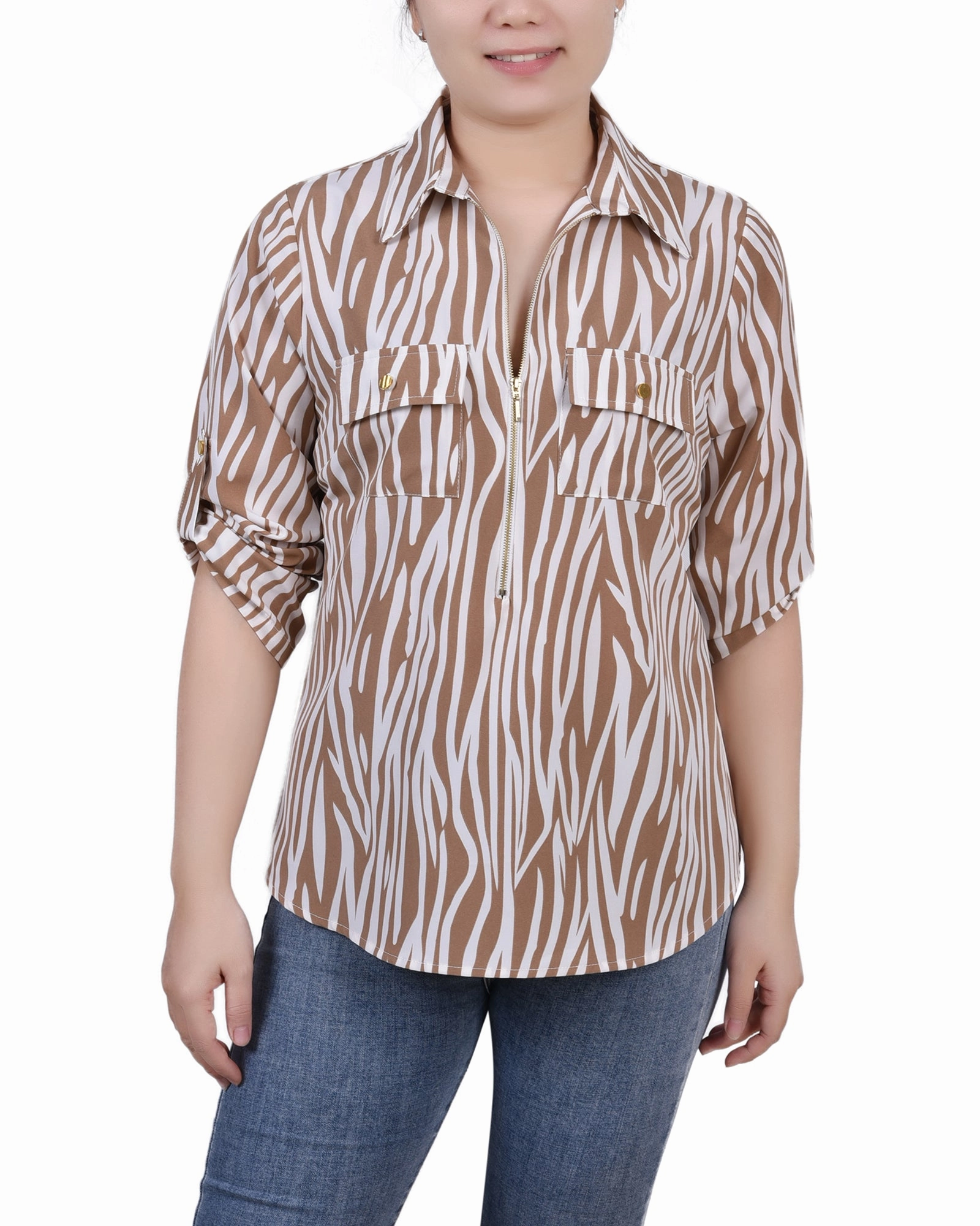 Petite 3/4 Roll Tab Sleeve Zip Front Top Mesh Lining