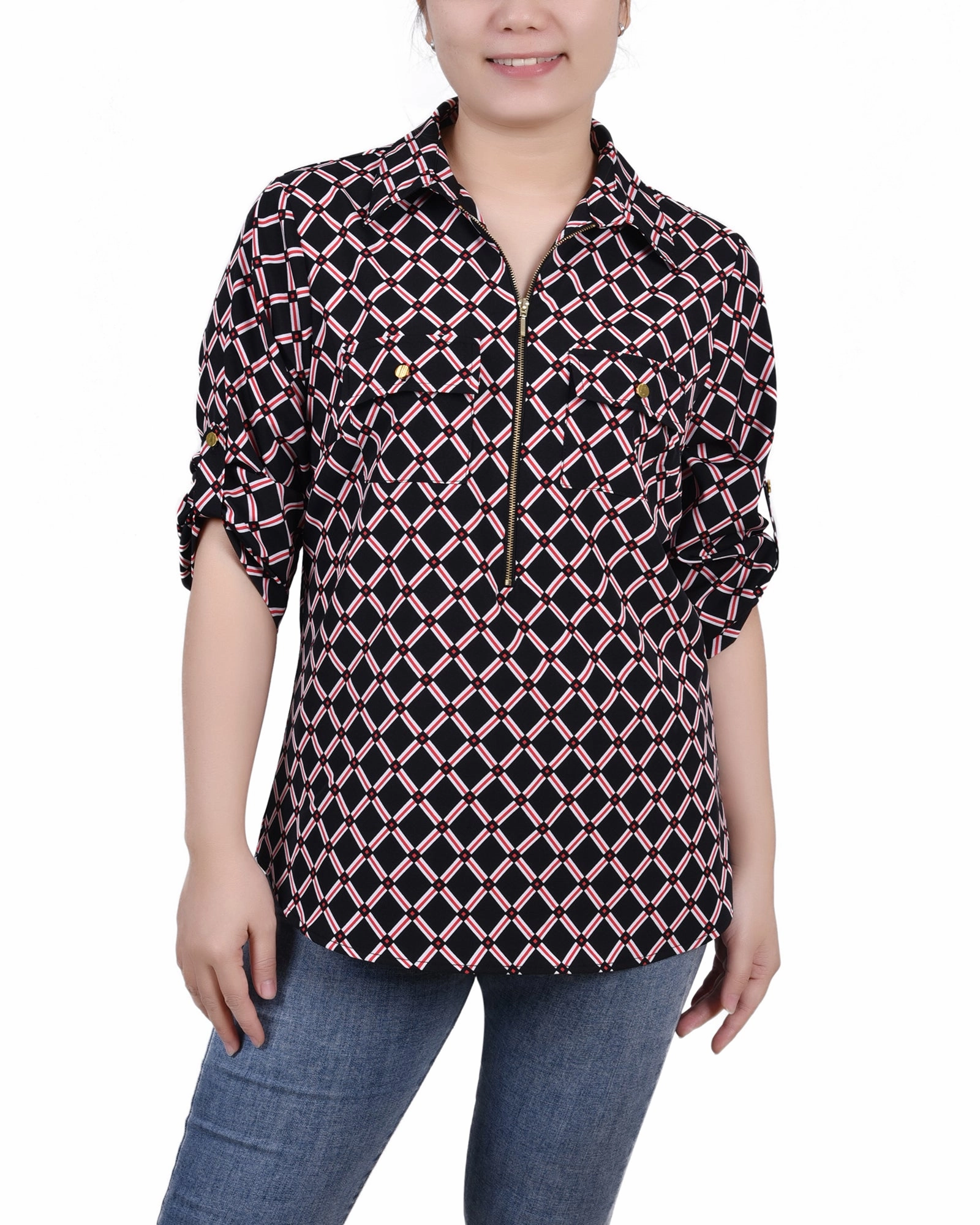 ZeroWaste Pattern Petite 3/4 Roll Tab Sleeve Zip Front Top