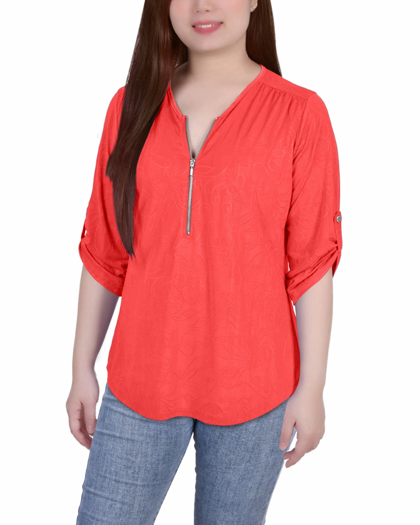 Petite 3/4 Roll Tab Zip Front Jacquard Knit Top ElasticTrimming