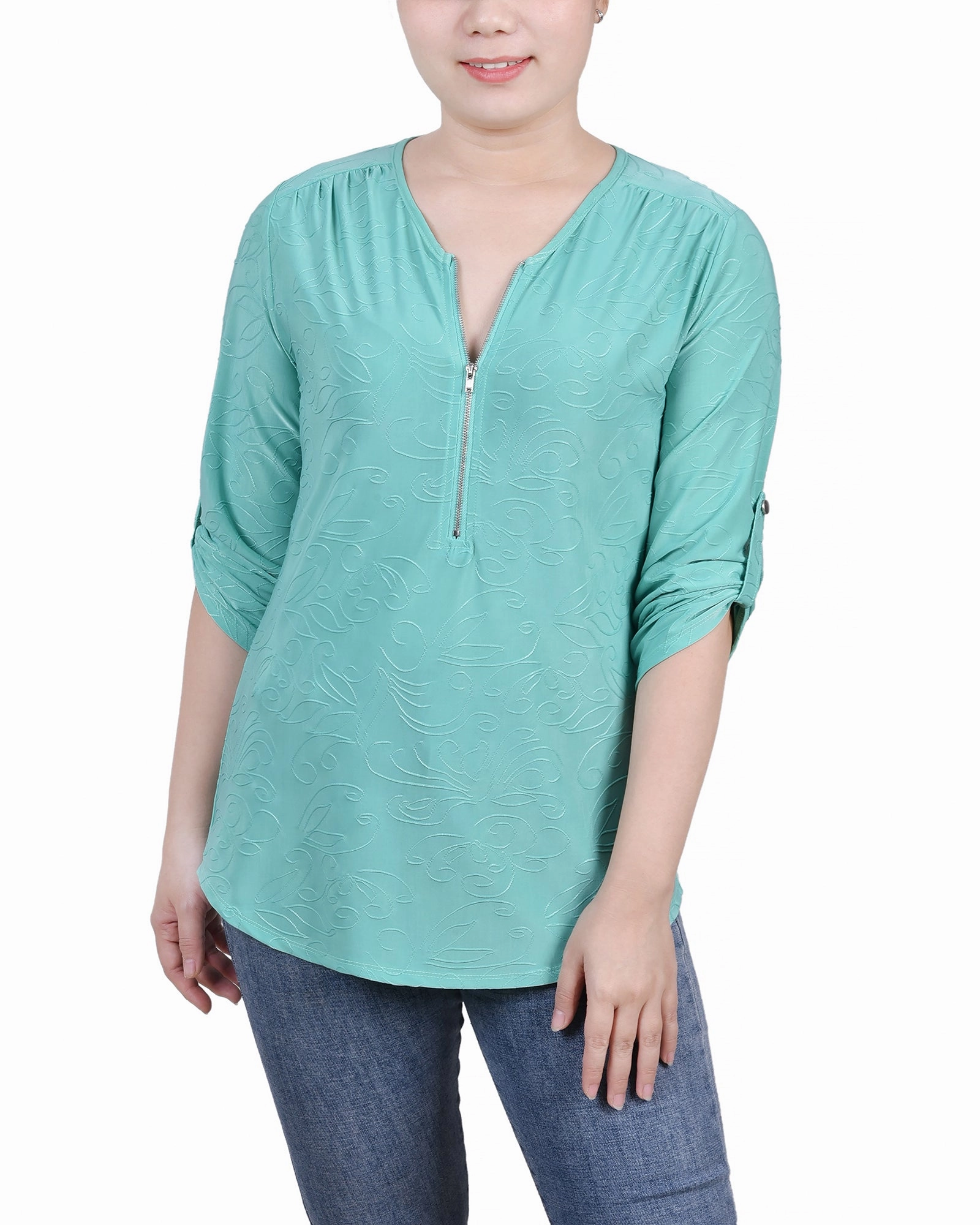 Petite 3/4 Roll Tab Zip Front Jacquard Knit Top Temperature Regulating Fabric WrinkleFree Weaving