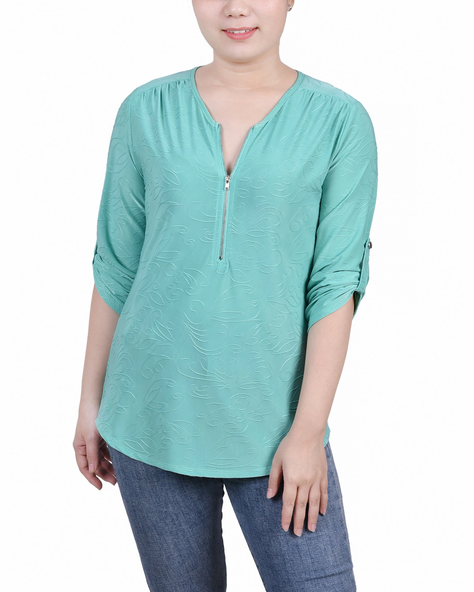 Odor Resistant Fabric Biodegradable Fiber Petite 3/4 Roll Tab Zip Front Jacquard Knit Top