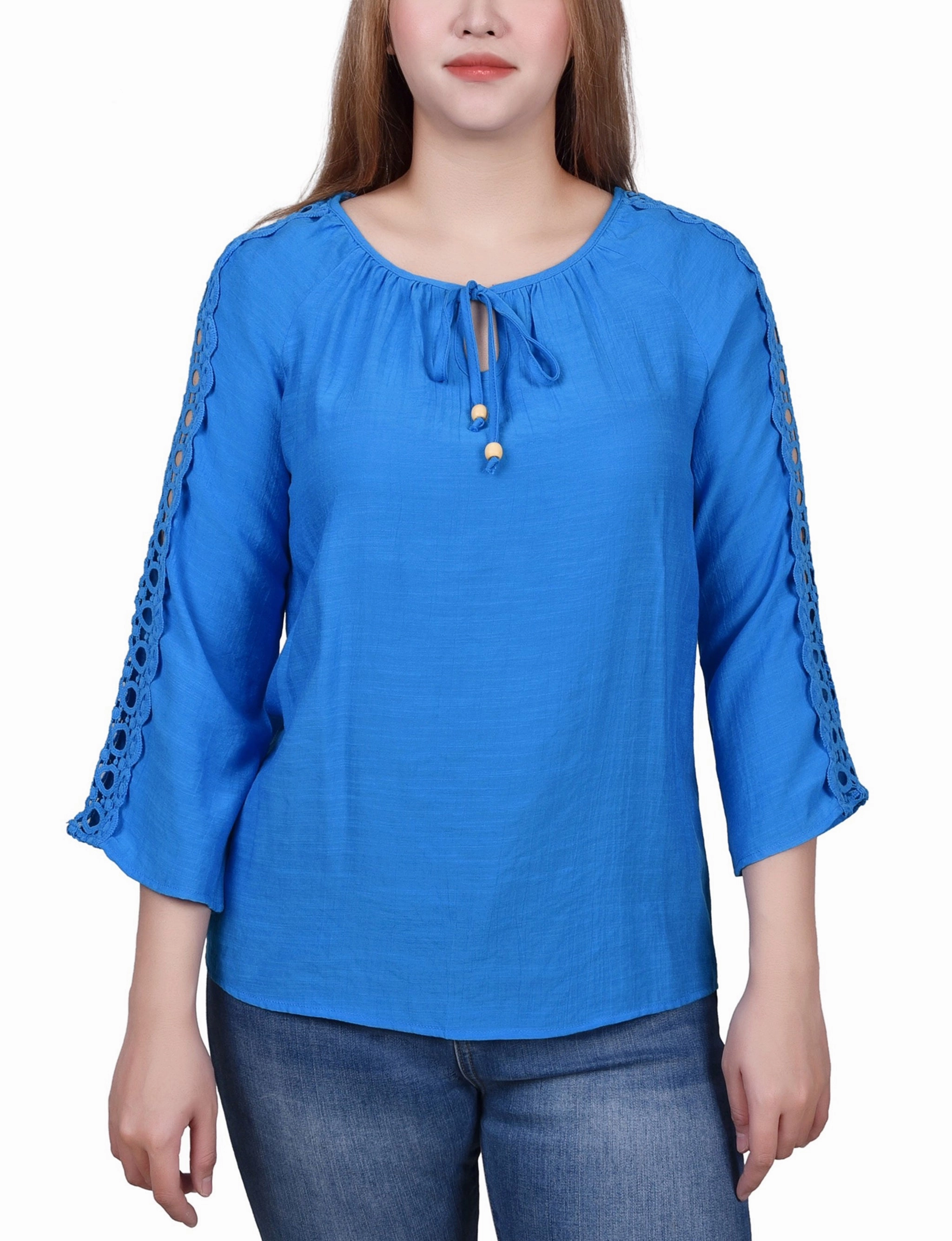 Petite 3/4 Sleeve Crochet Detail Blouse AllPurpose Design