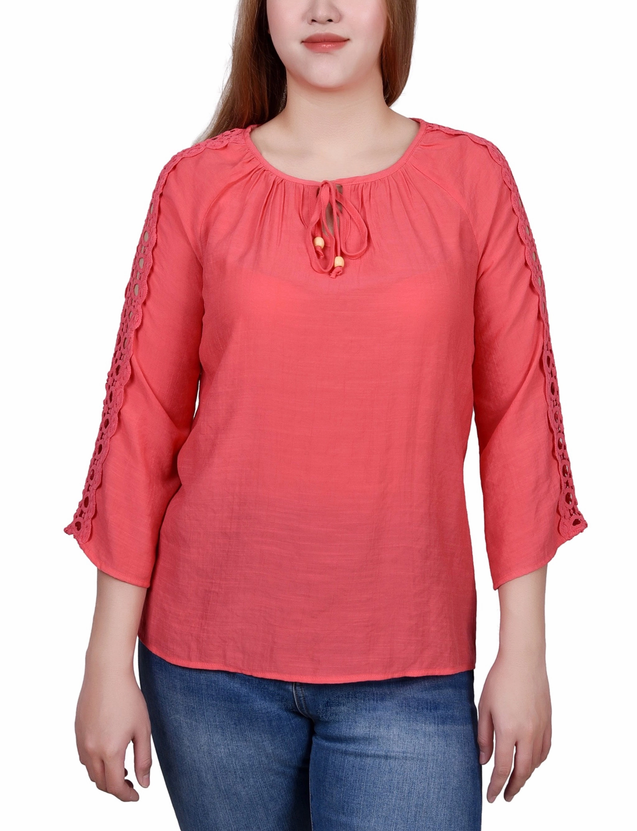 Petite 3/4 Sleeve Crochet Detail Blouse Brushed Microfiber Surface