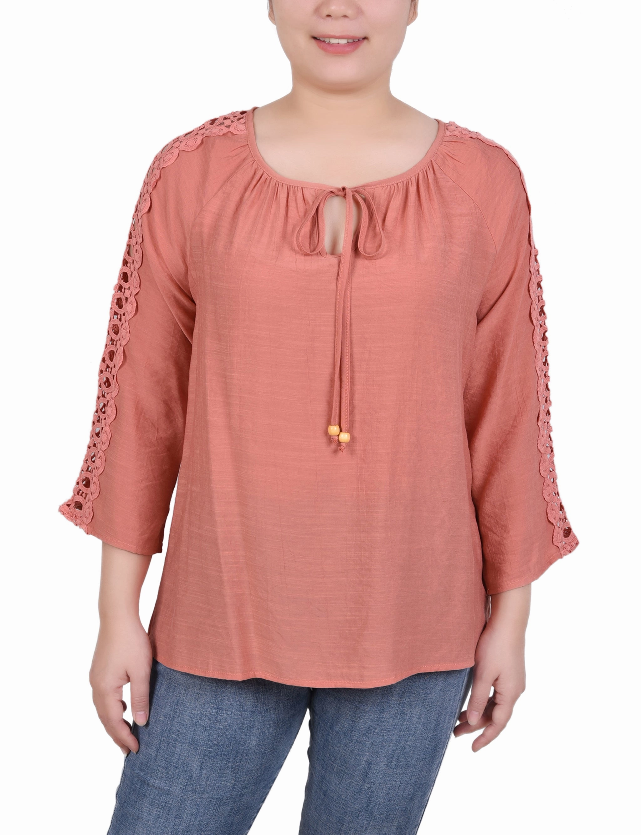 Heather Effect Finish Ergonomic Shoulder Cut Petite 3/4 Sleeve Crochet Detail Blouse