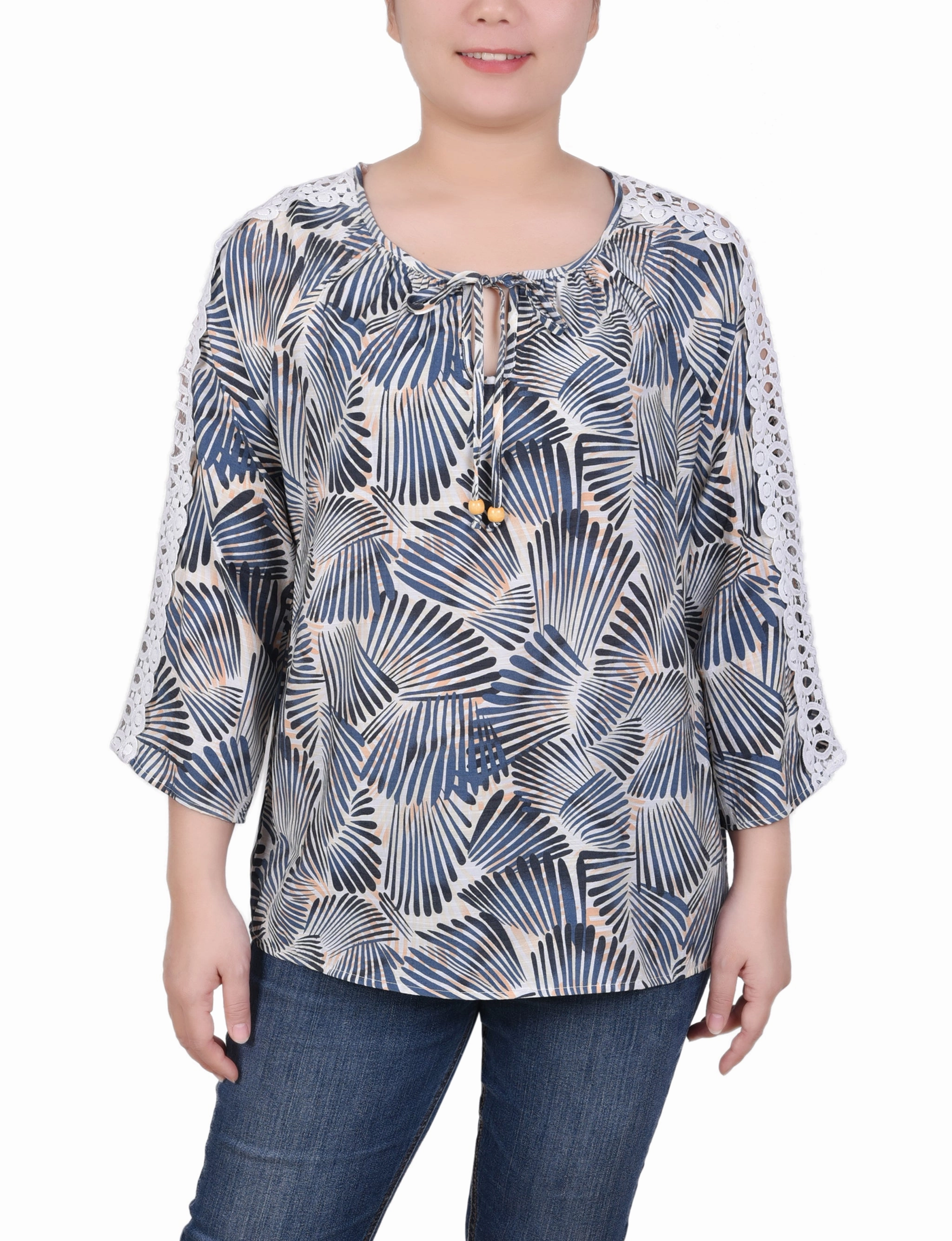 Petite 3/4 Sleeve Crochet Detail Blouse ButtonDownCollar