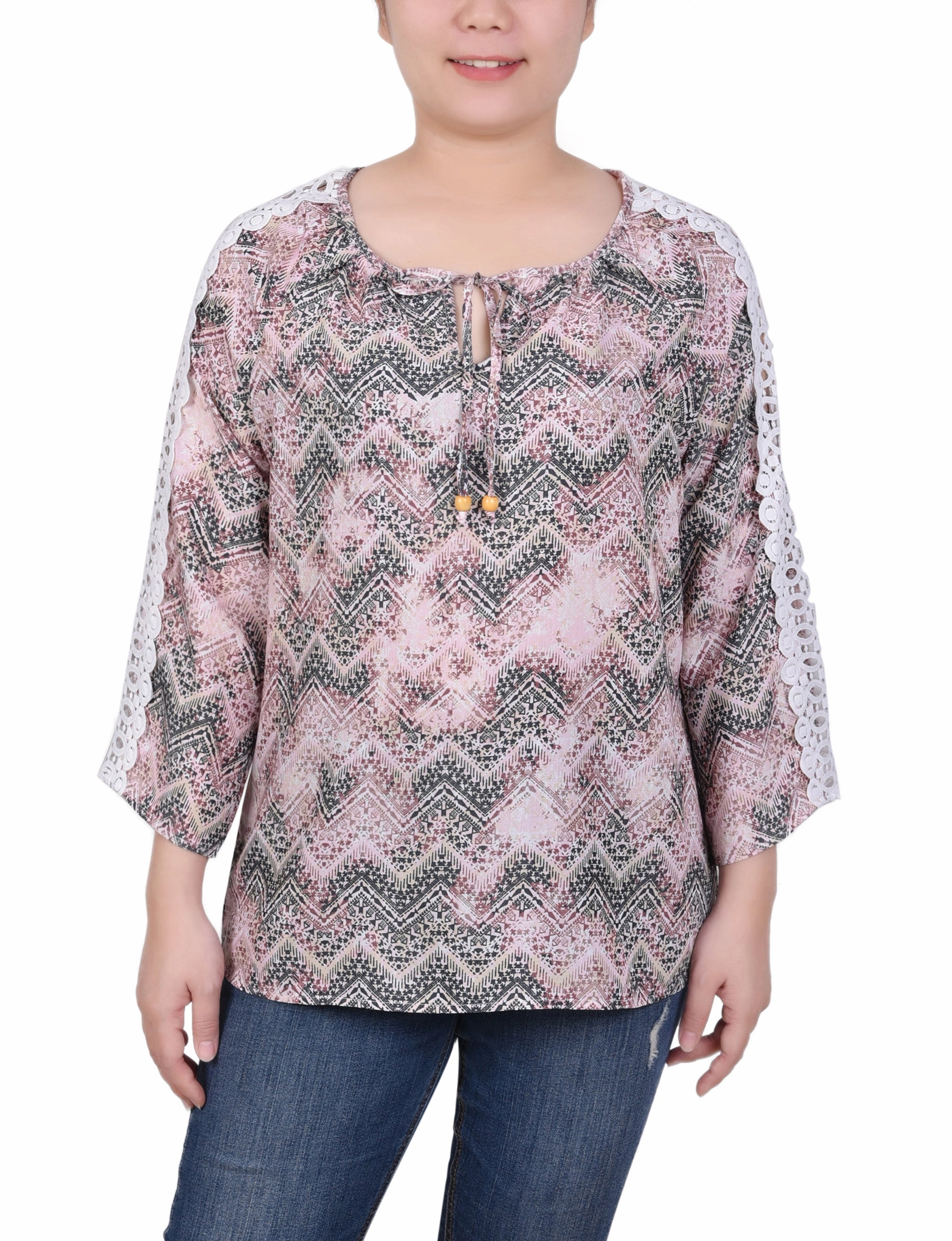 Petite 3/4 Sleeve Crochet Detail Blouse Anti Odor Treatment