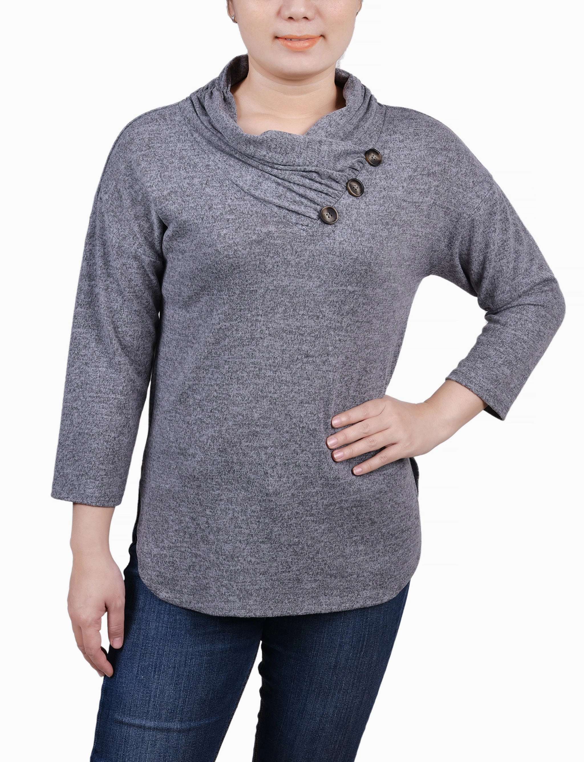Breathable fabric Quick-Dry Petite 3/4 Sleeve Crossover Cowl Neck Top