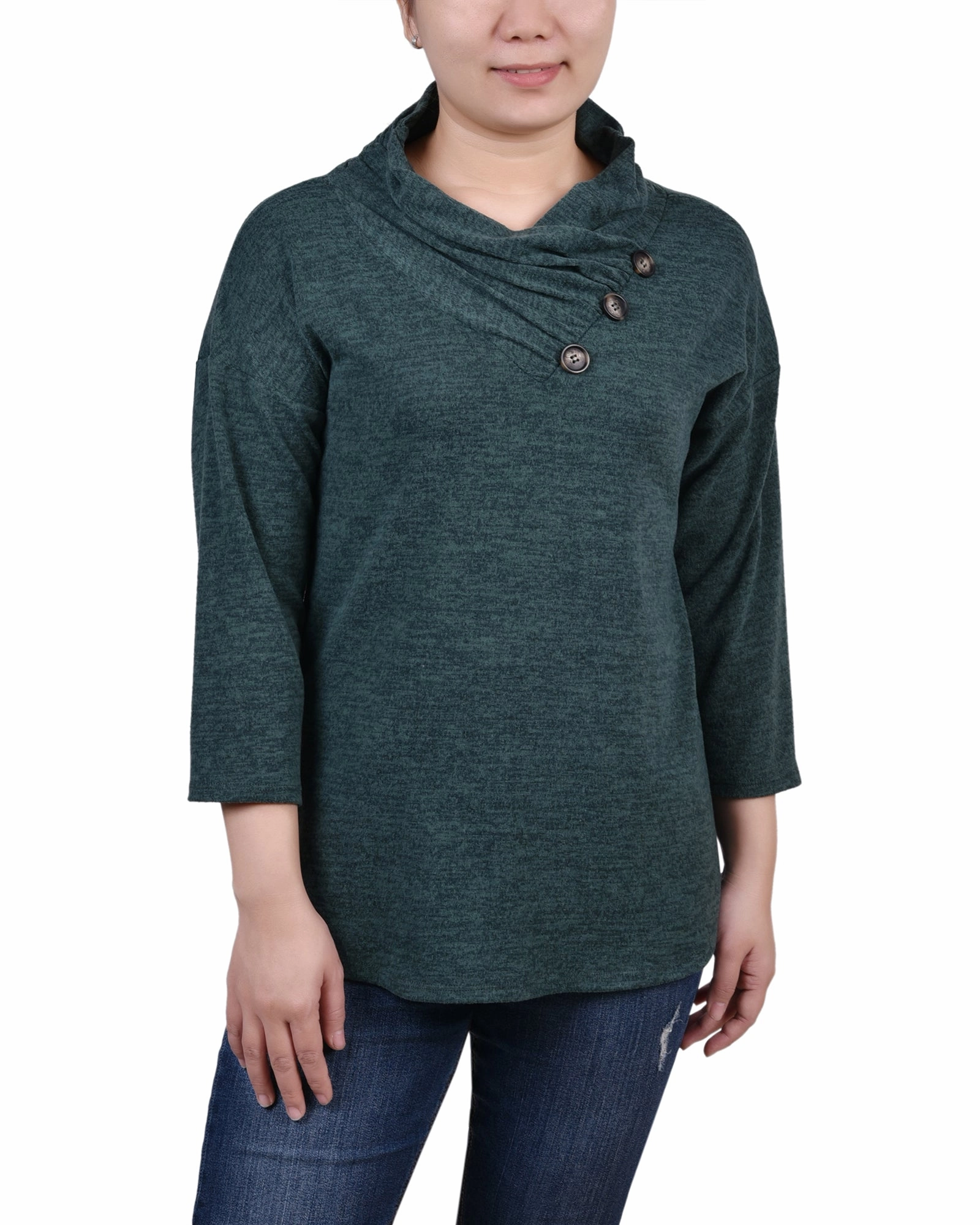 Reinforced Shoulders Petite 3/4 Sleeve Crossover Cowl Neck Top