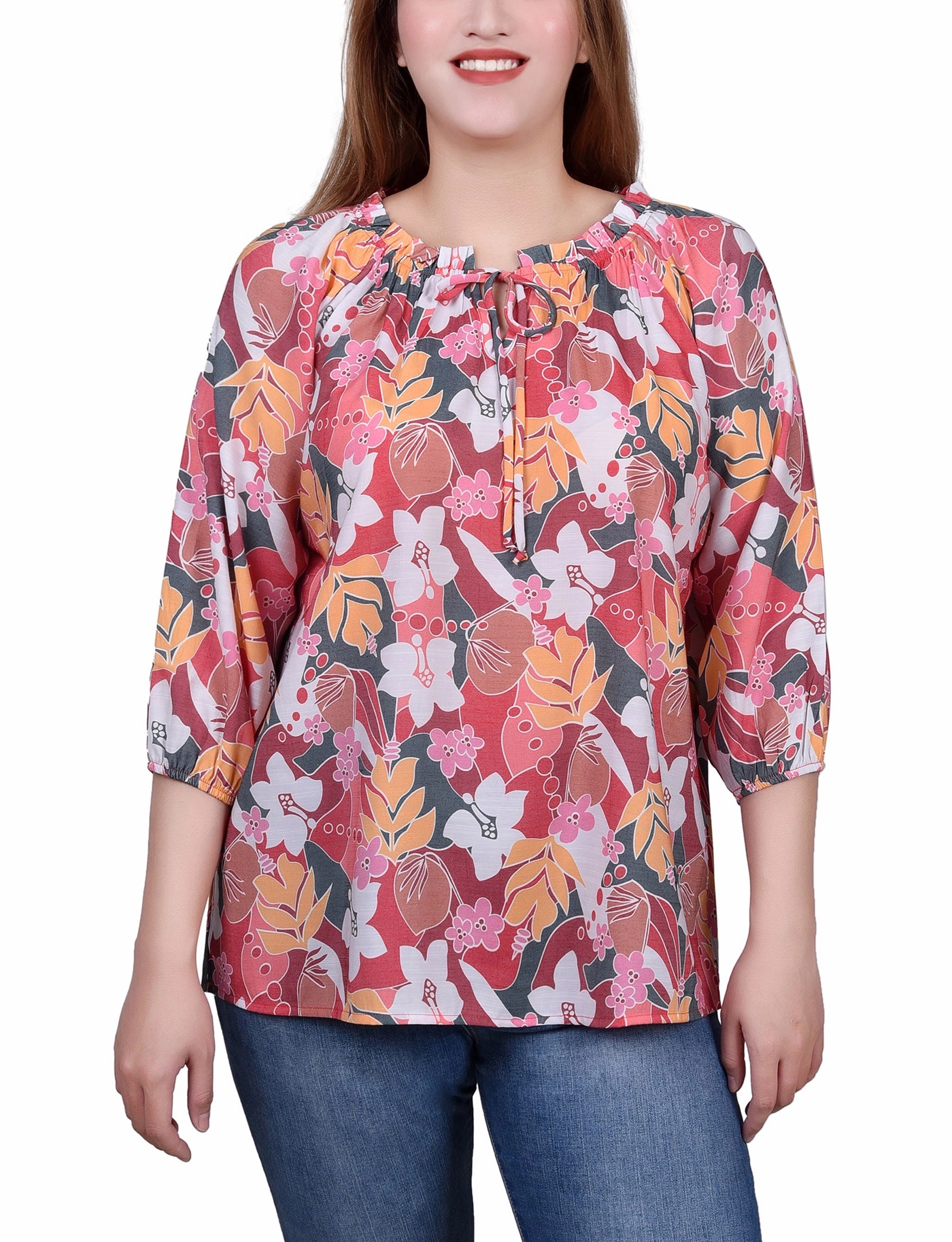 Petite 3/4 Sleeve Drawstring Neck Blouse Flatlock Seams