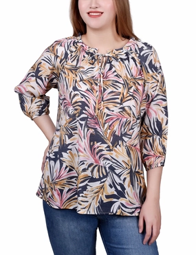 Petite 3/4 Sleeve Drawstring Neck Blouse Casual Sweater