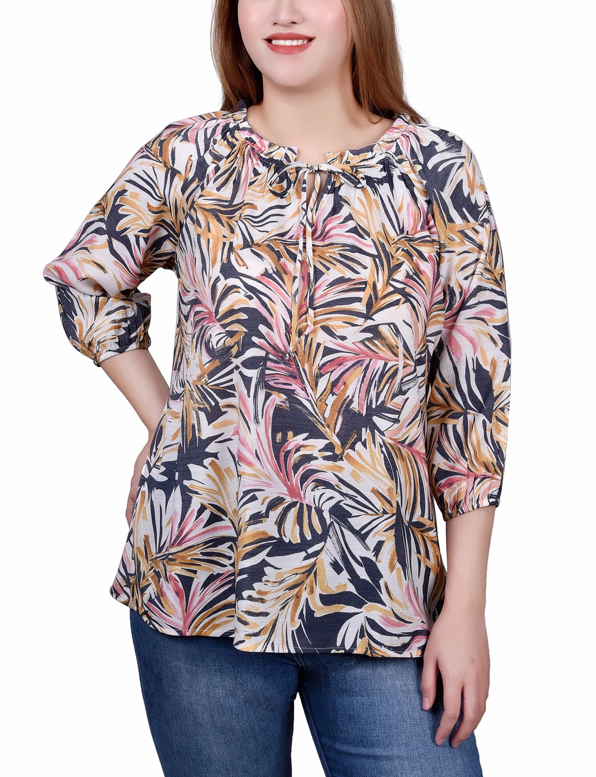 Petite 3/4 Sleeve Drawstring Neck Blouse Tagless Design