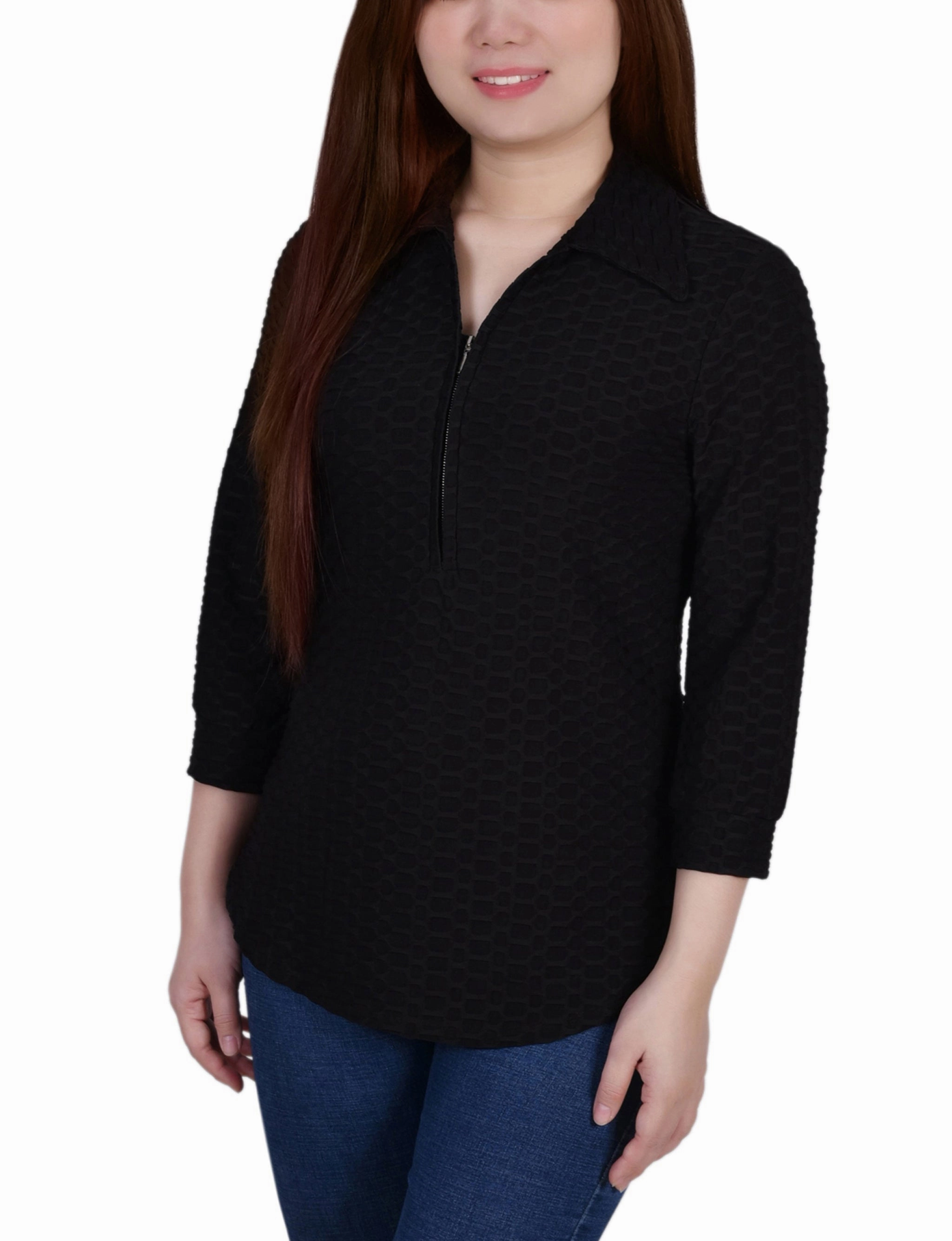 Petite 3/4 Sleeve Honeycomb Half Zip Top Ergonomic Cut NonIrritatingTags