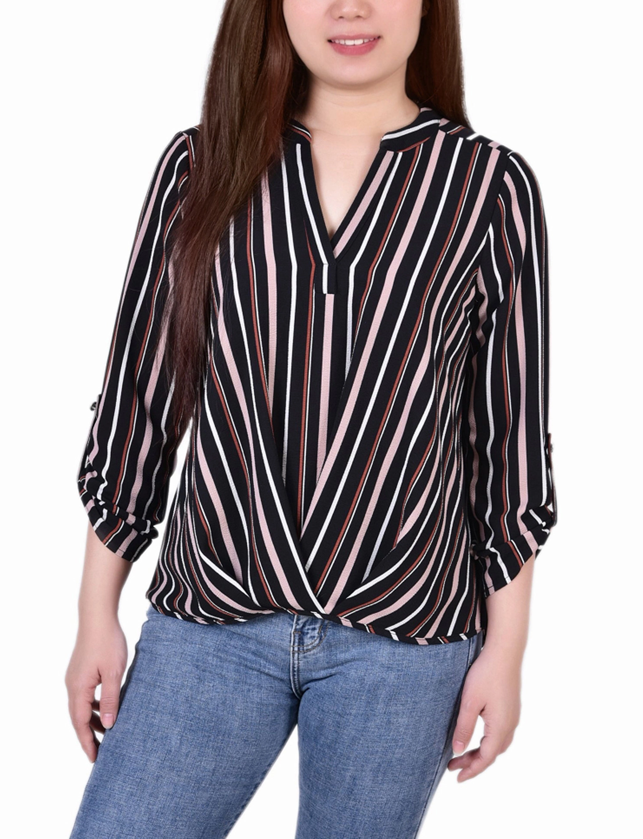 Petite 3/4 Sleeve Mandarin Collar Blouse With Front Pleats Compression Fit BrushedInnerLining