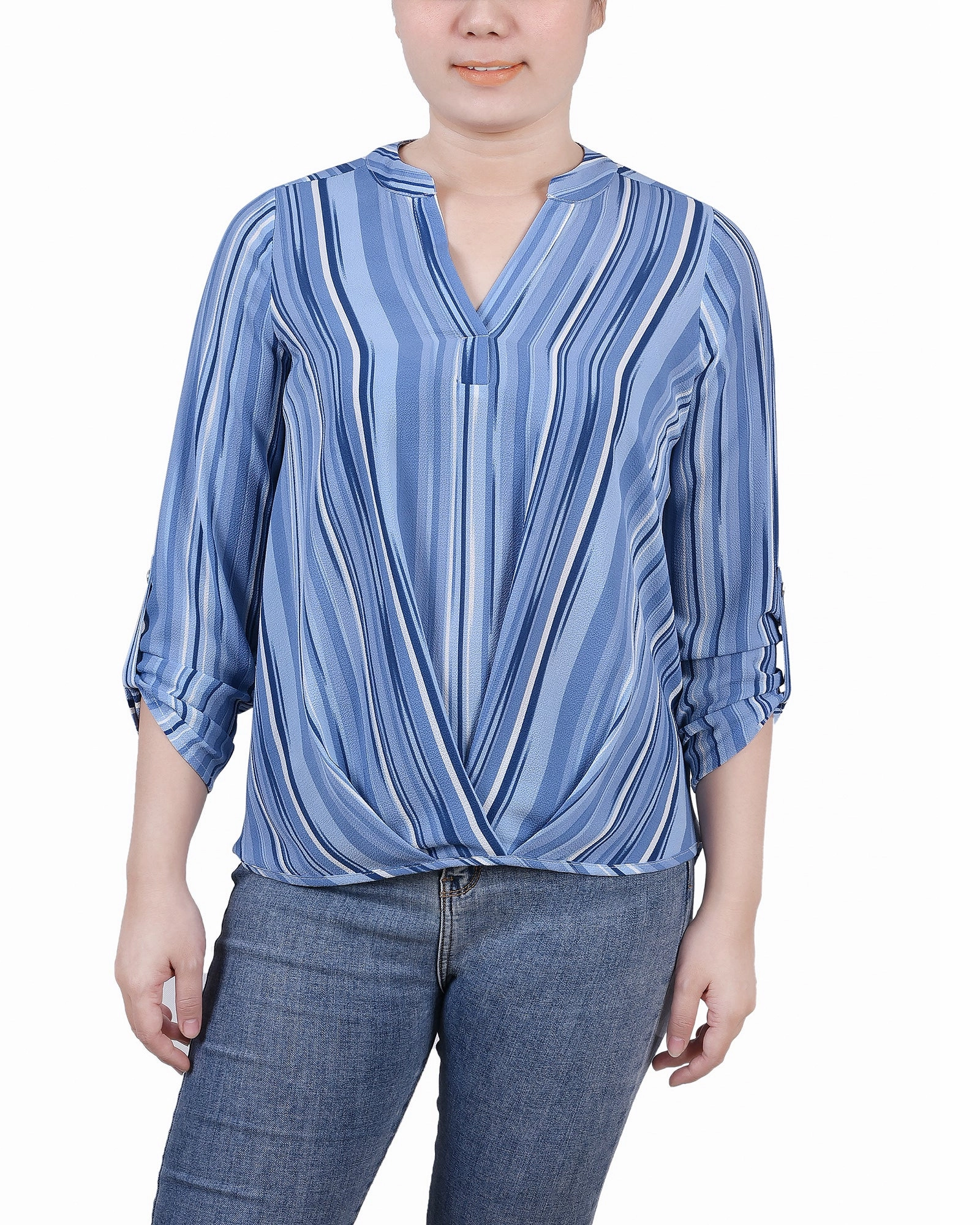 AdjustableCuffSystem Petite 3/4 Sleeve Mandarin Collar Blouse With Front Pleats