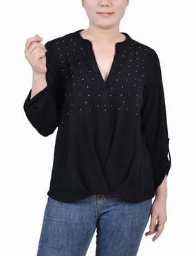 Petite 3/4 Sleeve Mandarin Collar Blouse With Front Pleats Thermal Insulation Layer