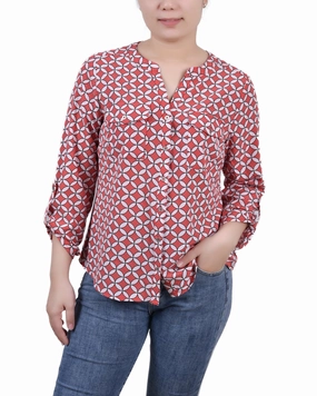 Petite 3/4 Sleeve Roll Tab Y Neck Blouse Flexible Waistband