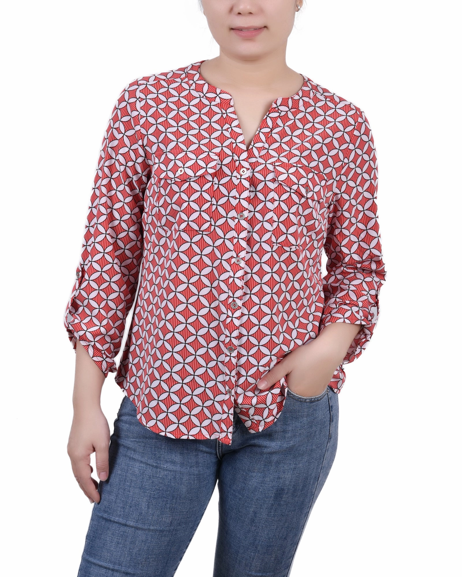 Petite 3/4 Sleeve Roll Tab Y Neck Blouse Non Chafing Side Seams AbrasionResistant Surface