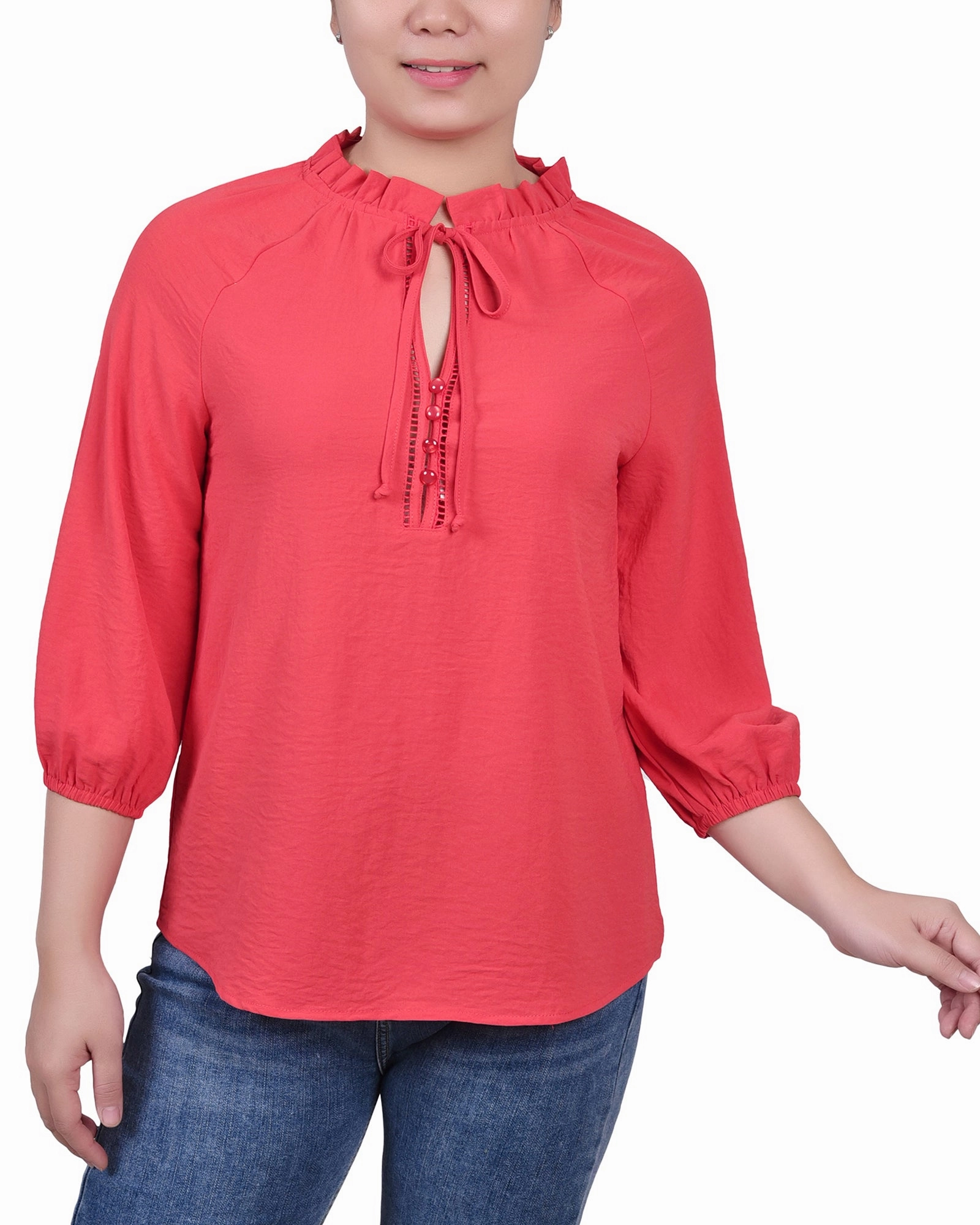 VentilatedArmholes Petite 3/4 Sleeve Ruffle Neck Blouse
