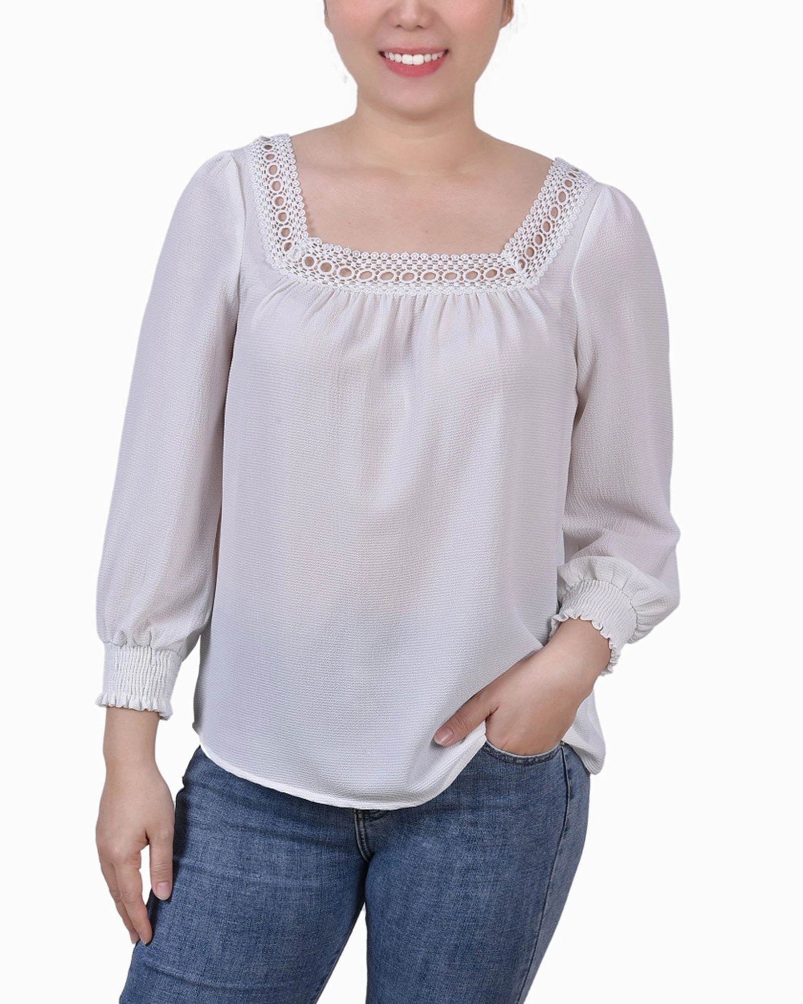 Petite 3/4 Sleeve Square Neck Blouse Non Irritating Label