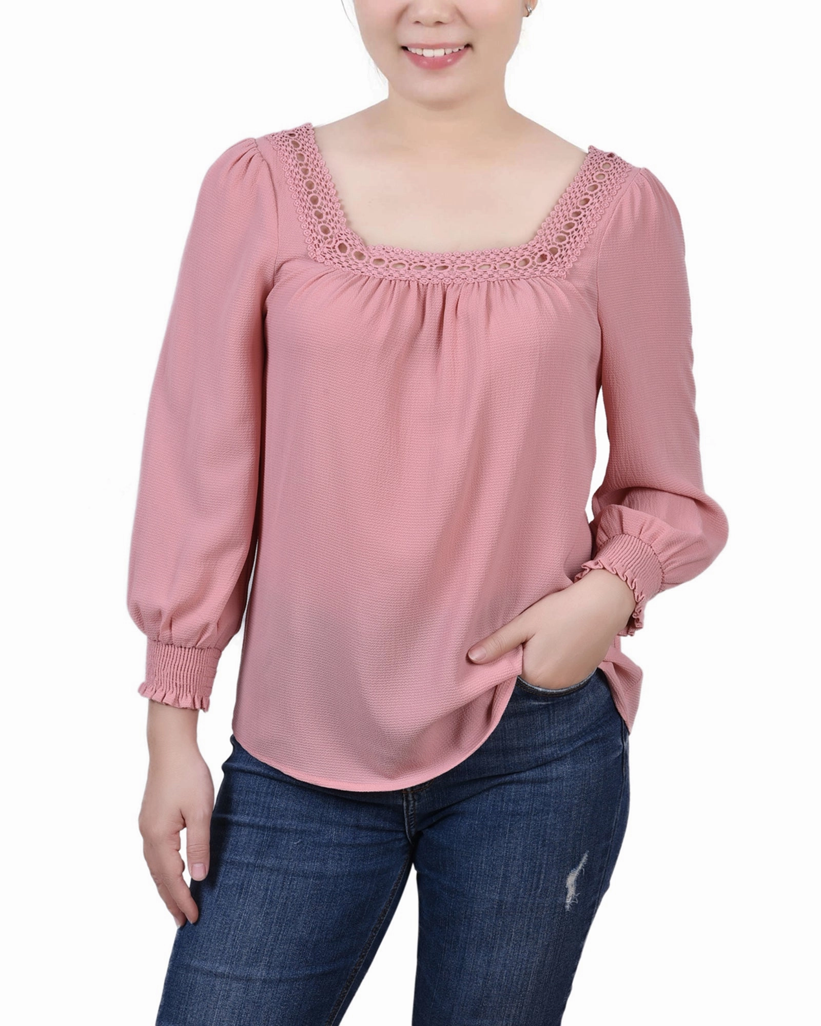 WideNeckline Thermoregulating Fabric Petite 3/4 Sleeve Square Neck Blouse