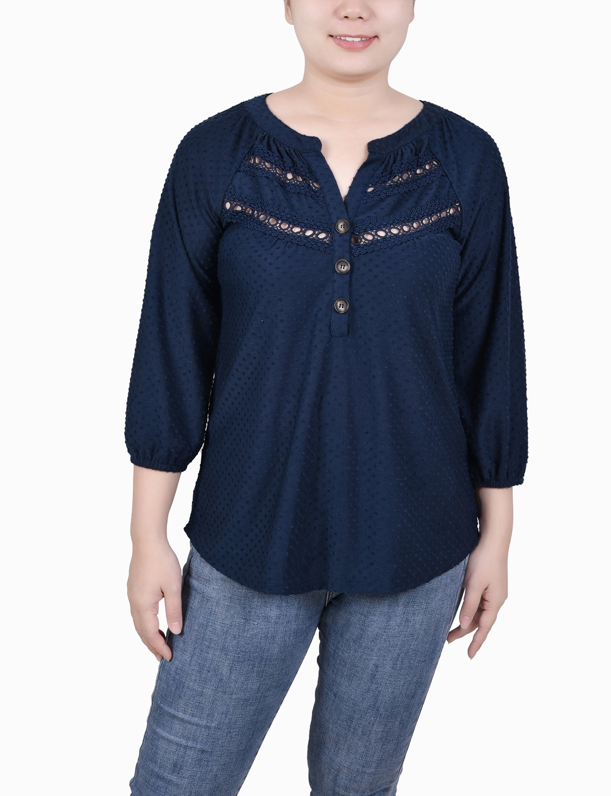 Petite 3/4 Sleeve Swiss Dot Top Athletic Look