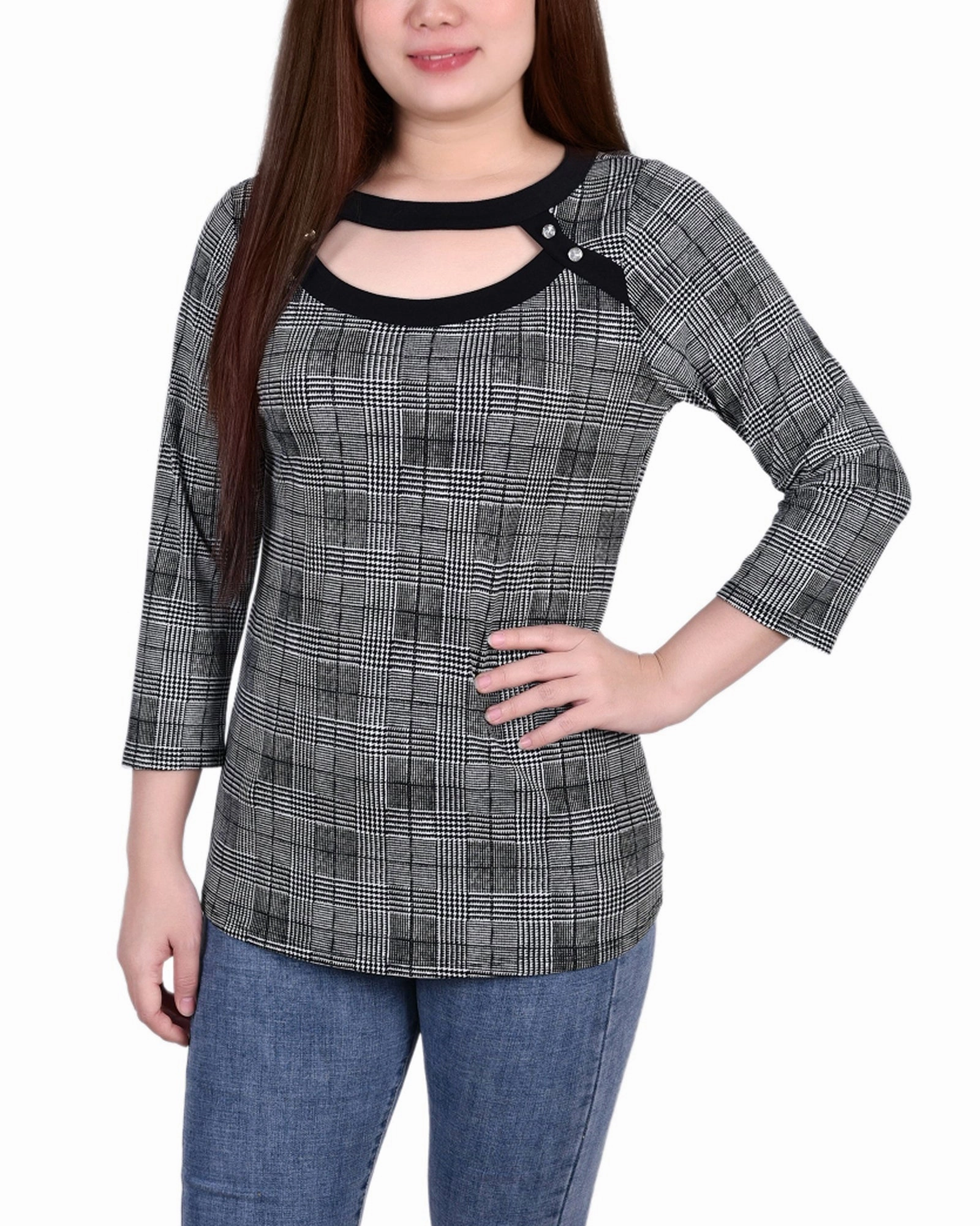 Petite 3/4 Sleeve Top With Combo Bands And Front Cutout Soft Touch Blend