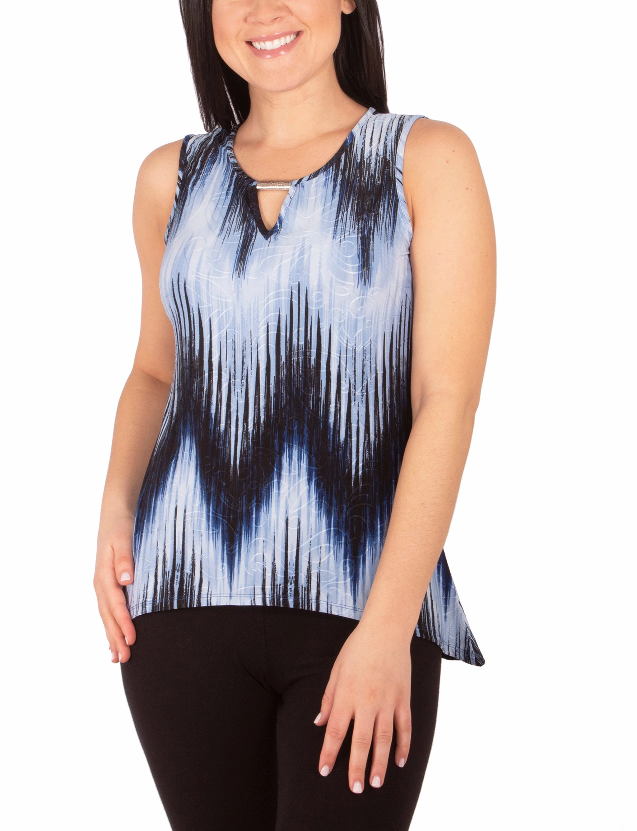 MultiPanelConstruction VNeckline Petite 3/4 Sleeve Top With Slight Sharkbite Hemline