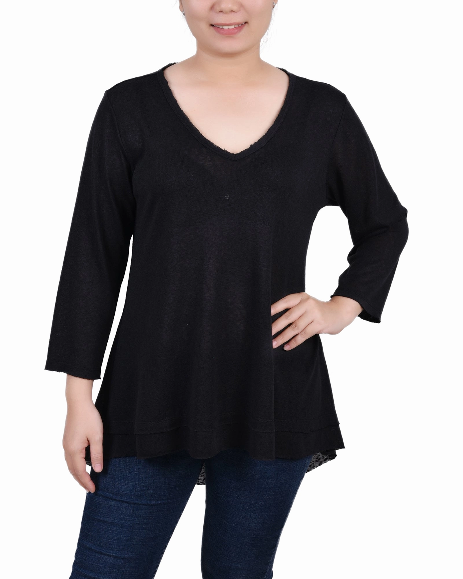 Petite 3/4 Sleeve V Neck Top DoubleNeedle Stitching Lightweight pullover