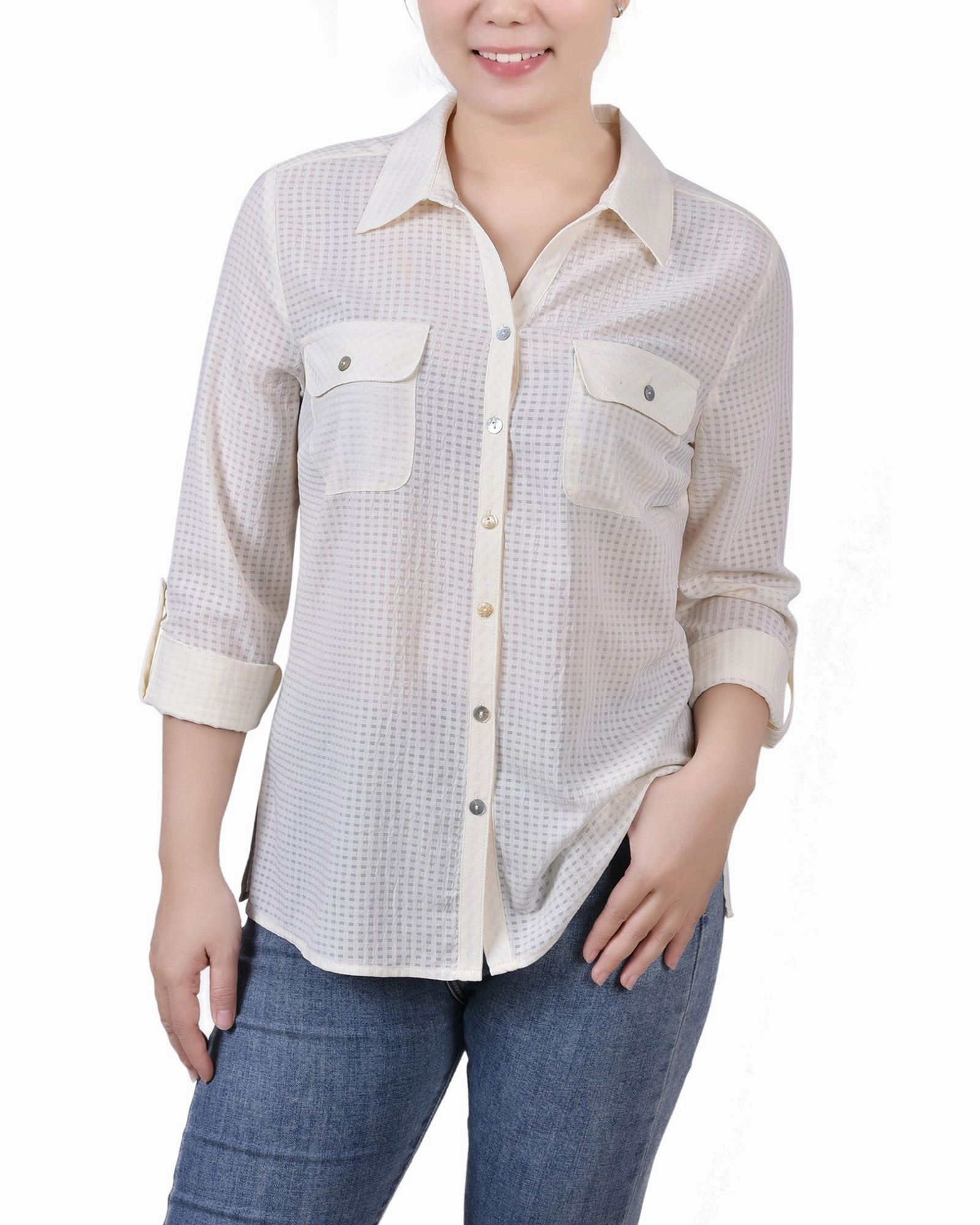 Non Irritating Seams Button Down Collar Petite 3/4 Sleeve Windowpane Blouse