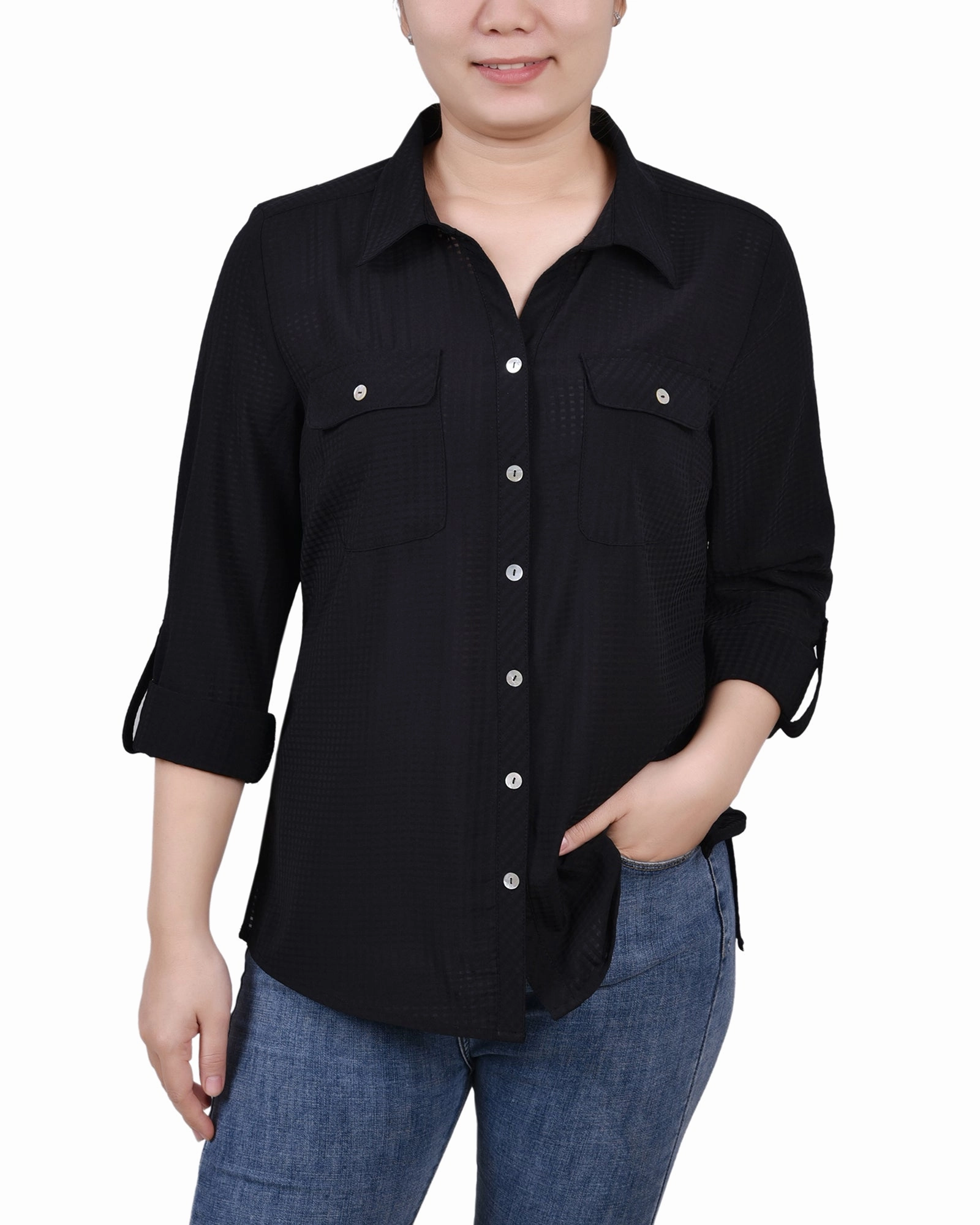 AllDay Comfort Tech AllSeason Wearability Petite 3/4 Sleeve Windowpane Blouse