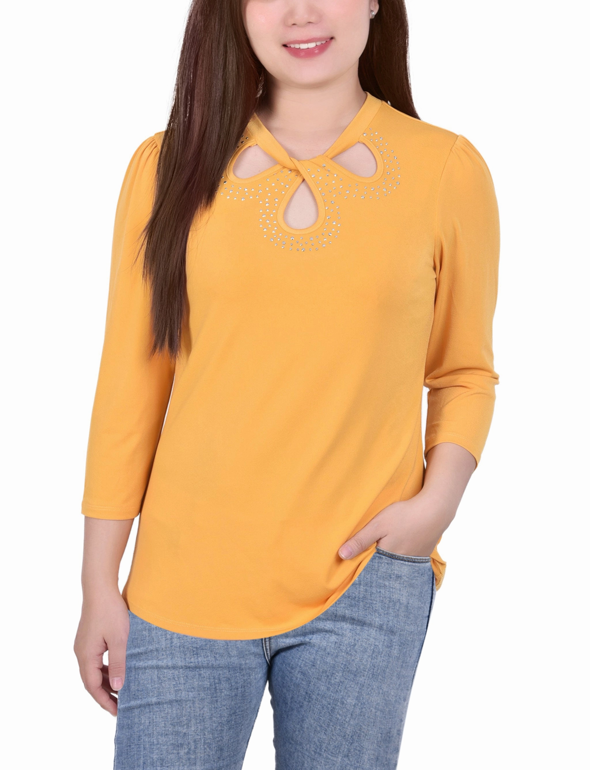 Lightweight insulation Petite 3/4 Slv Knit Crepe Studded Keyhole Top