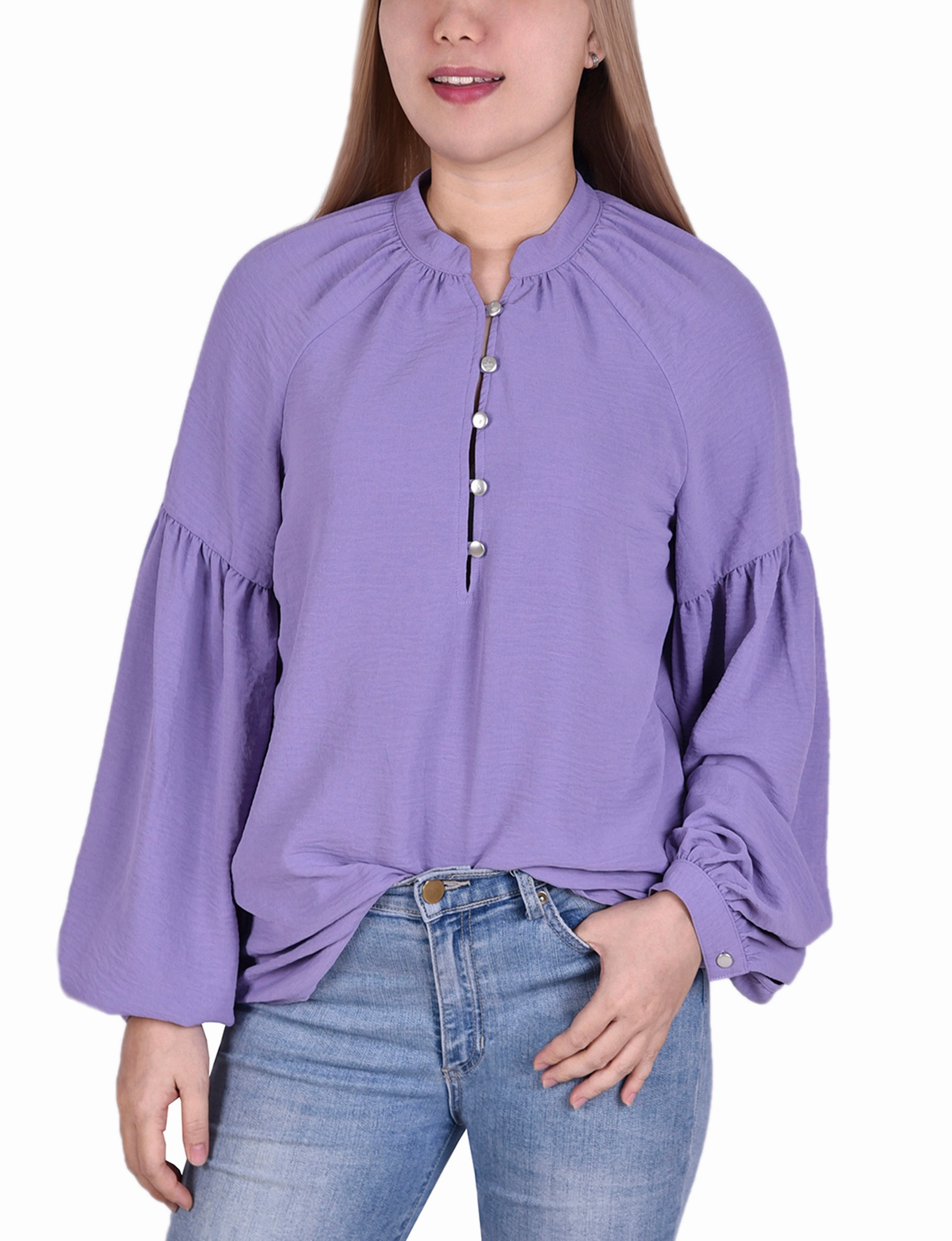 Petite Bishop Sleeve Blouse With Mandarin Collar Ultrasoft Inner Lining Lightweight Weave Material