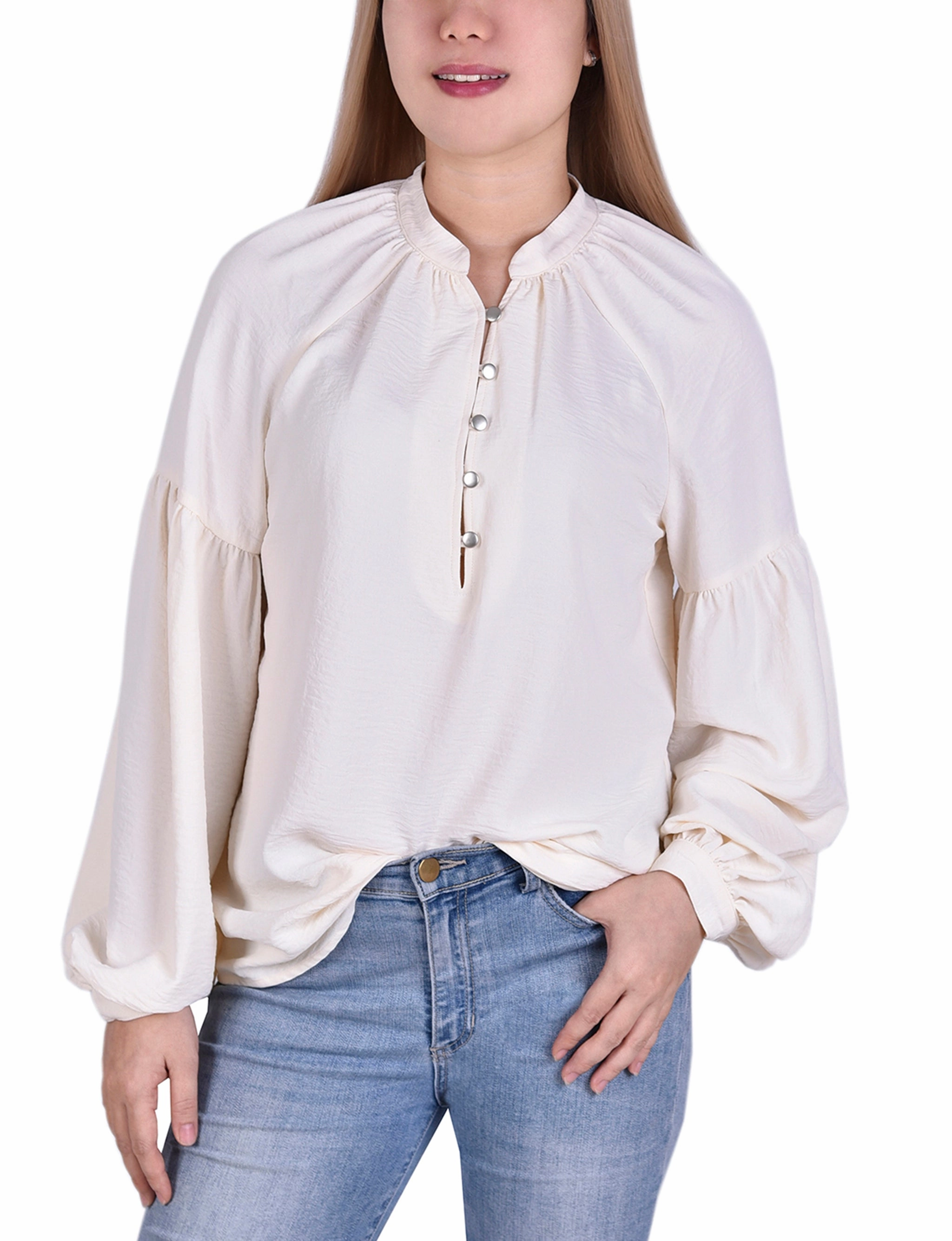 Petite Bishop Sleeve Blouse With Mandarin Collar Sleeveless Tee Subtle Texture Weave