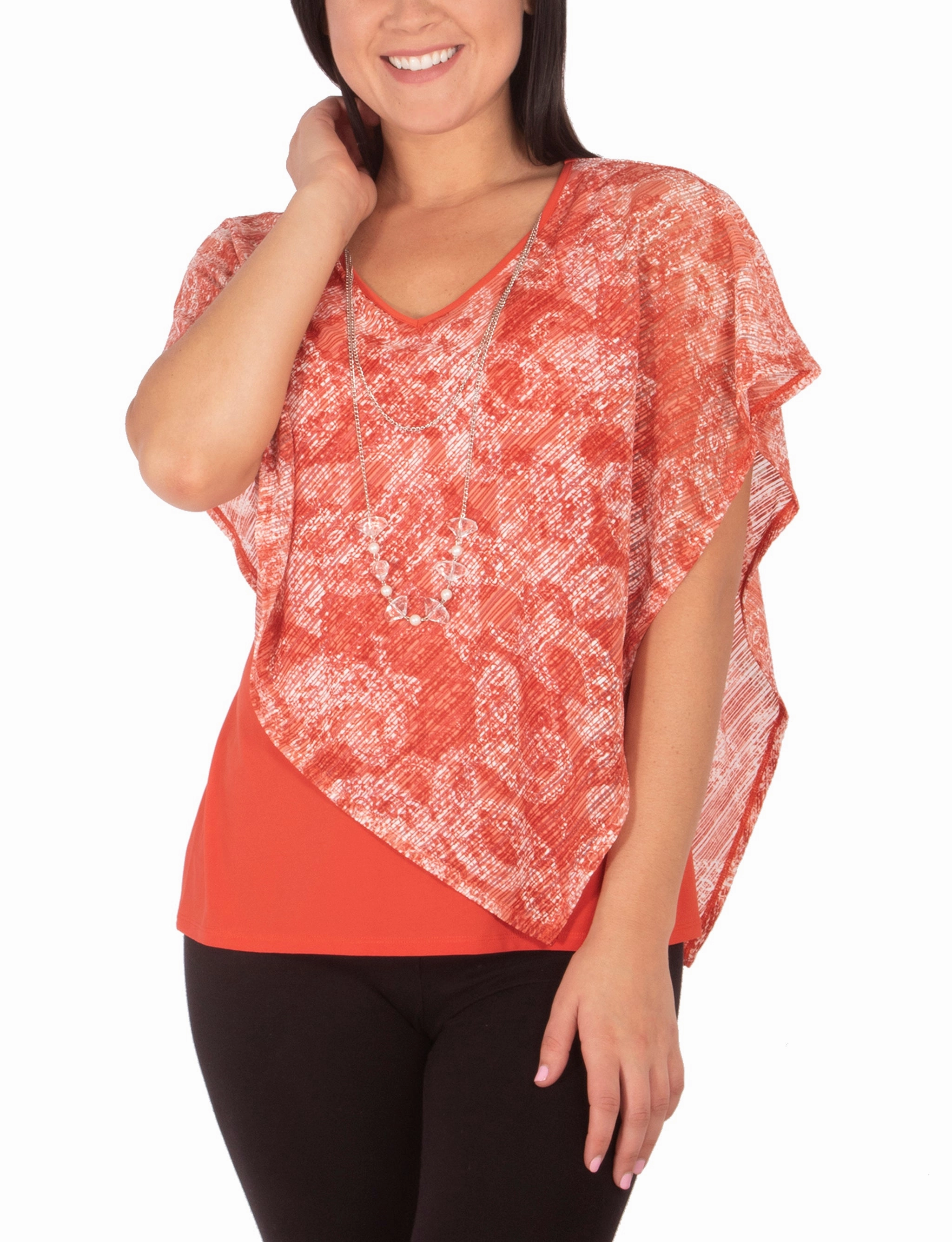 Petite Burnout Poncho Top With Removable Necklace RelaxedNeckline Contoured Side Panels