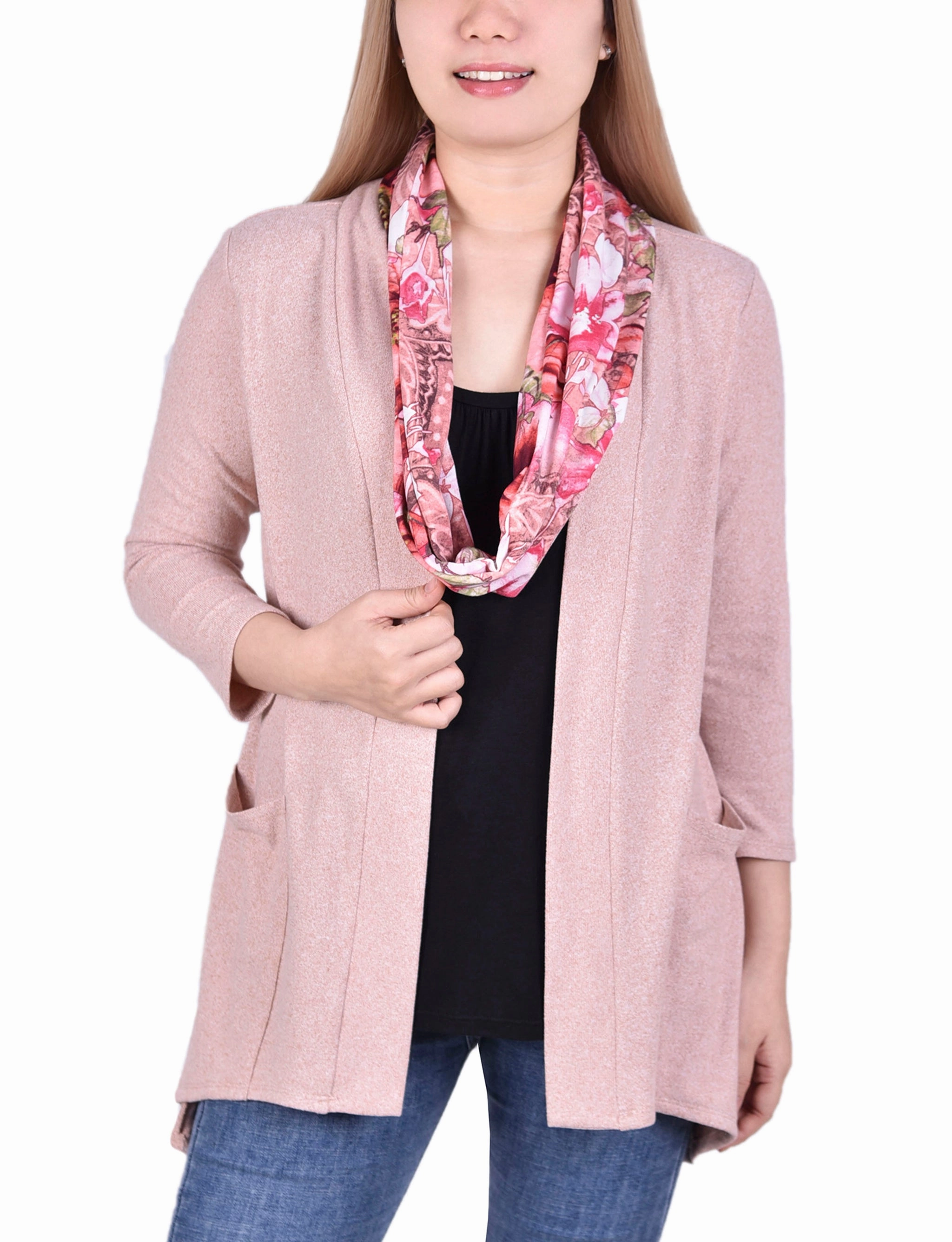 Ethical production Outdoor Apparel Petite Cardigan With Inset And Detachable Printed Scarf