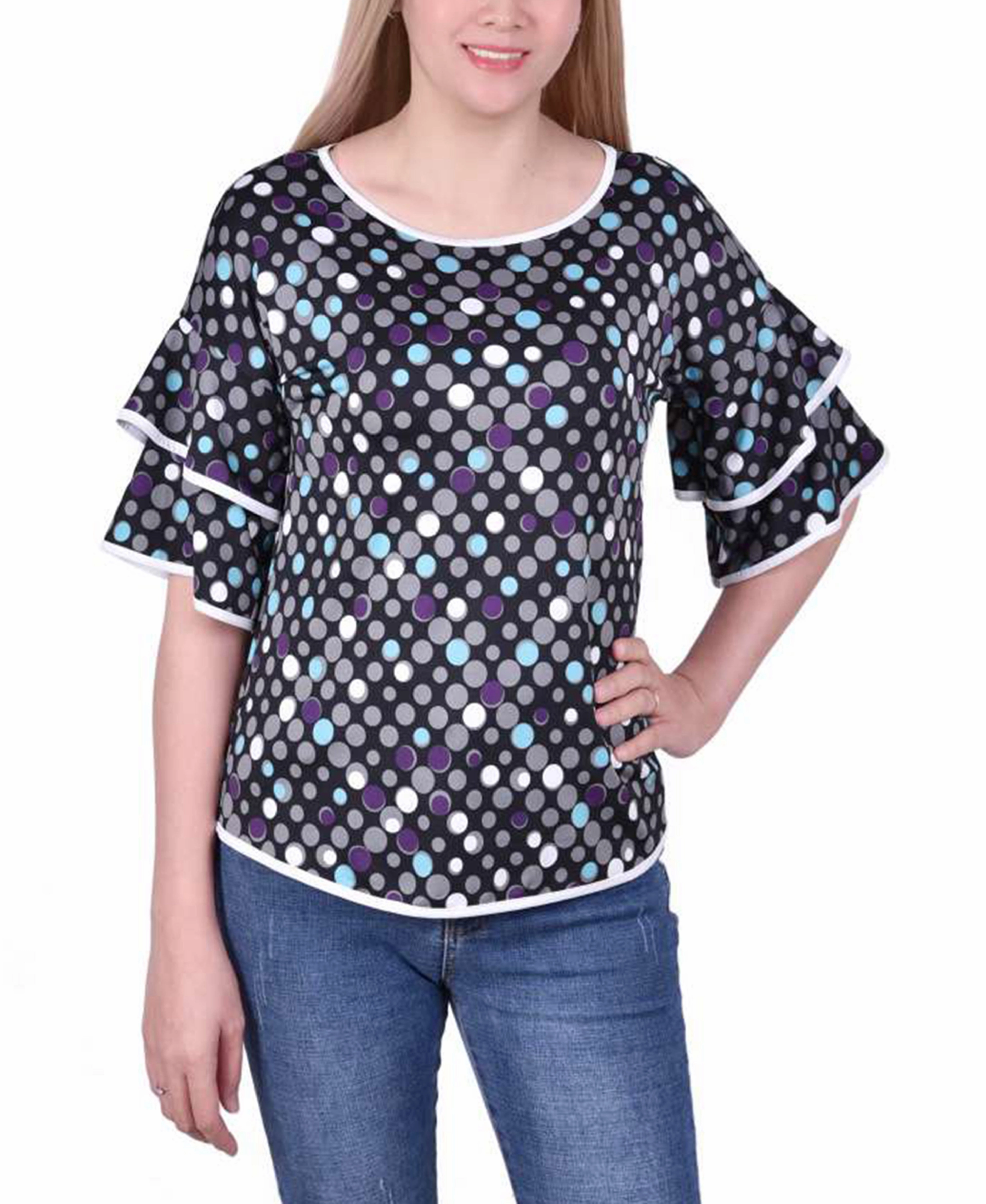 Petite Double Layer Elbow Sleeve Top DropShoulderConstruction MultiPocket Design