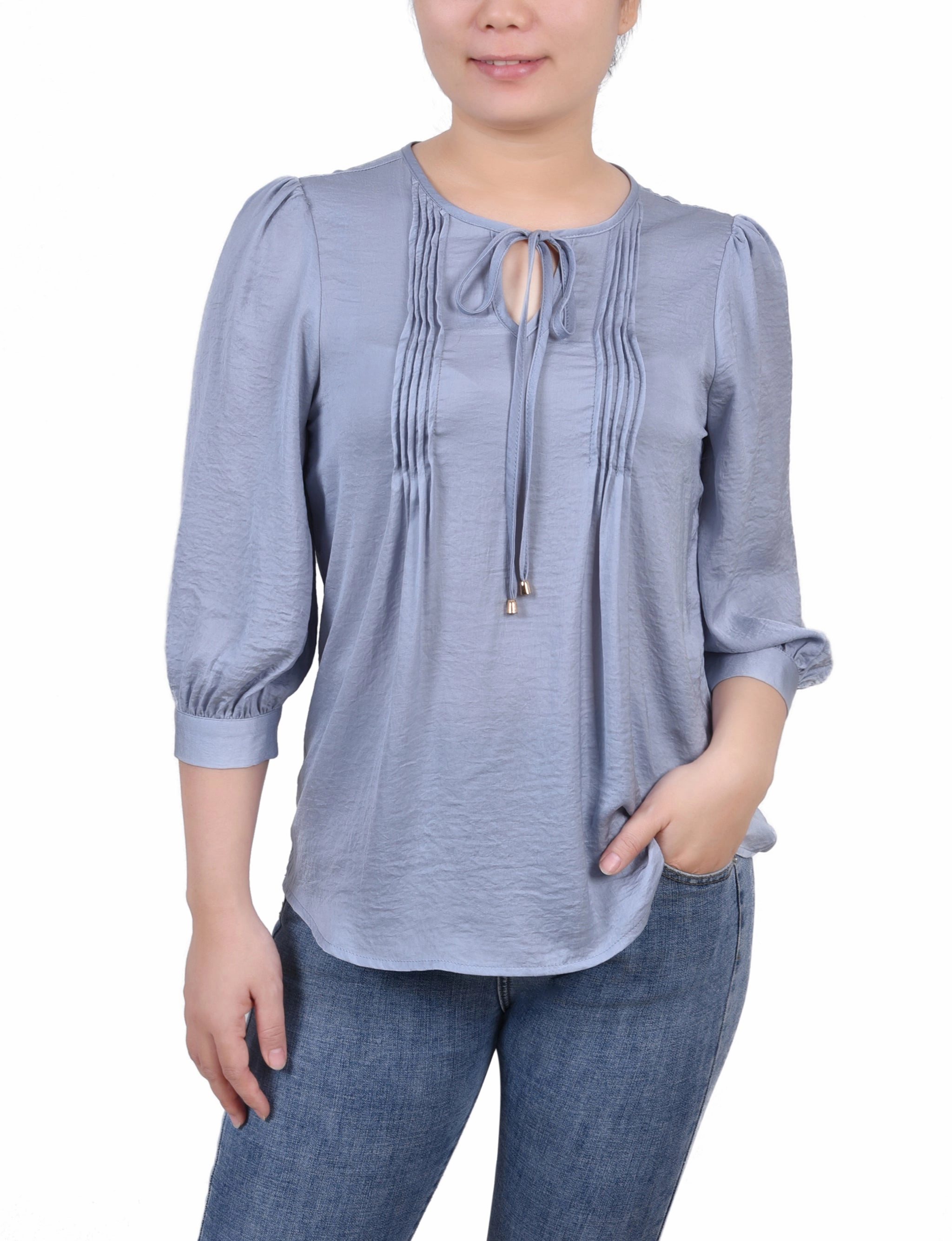 Petite Elbow Sleeve Satin Blouse LoopwheelFabric Adjustable Fit System