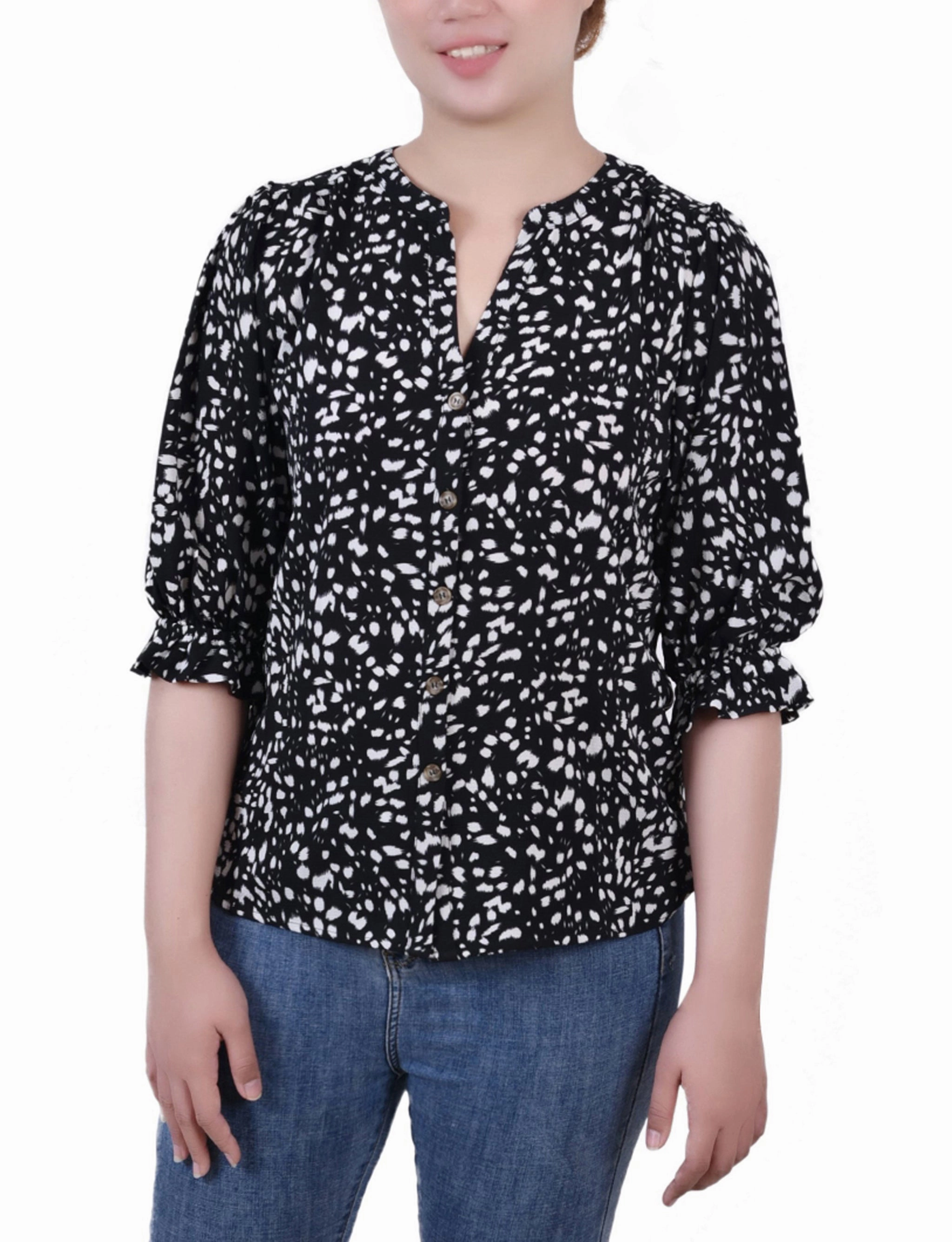 Petite Elbow Sleeve Y Neck Blouse Hydrophobic Threadwork